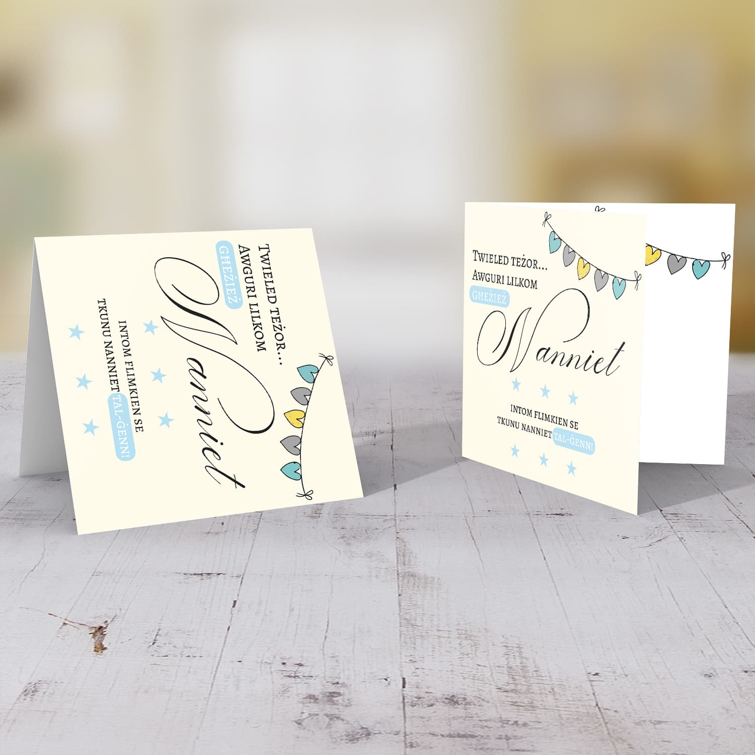 Heart bunting new born card -baby boy grandson- for grandparents in Maltese