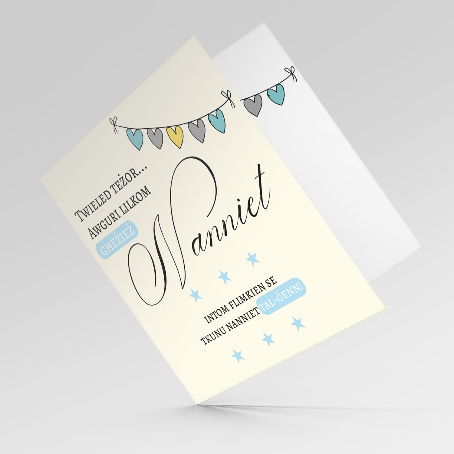 Heart bunting new born card -baby boy grandson- for grandparents in Maltese