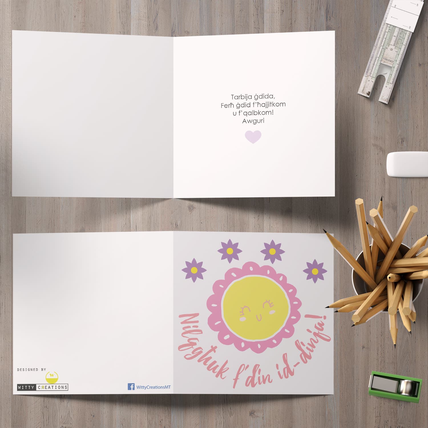 Flower themed new born card for girl in Maltese