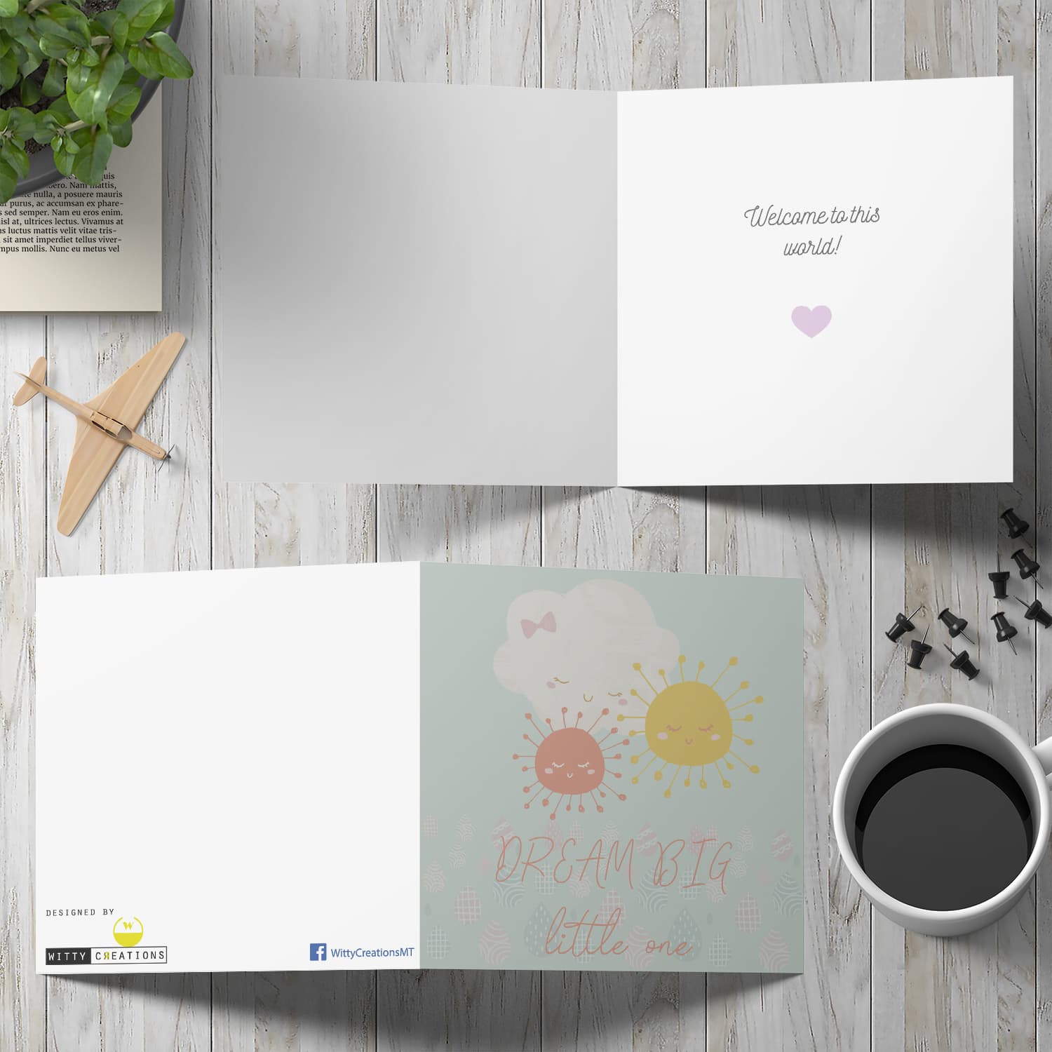 Cloud themed new born card for girl in English