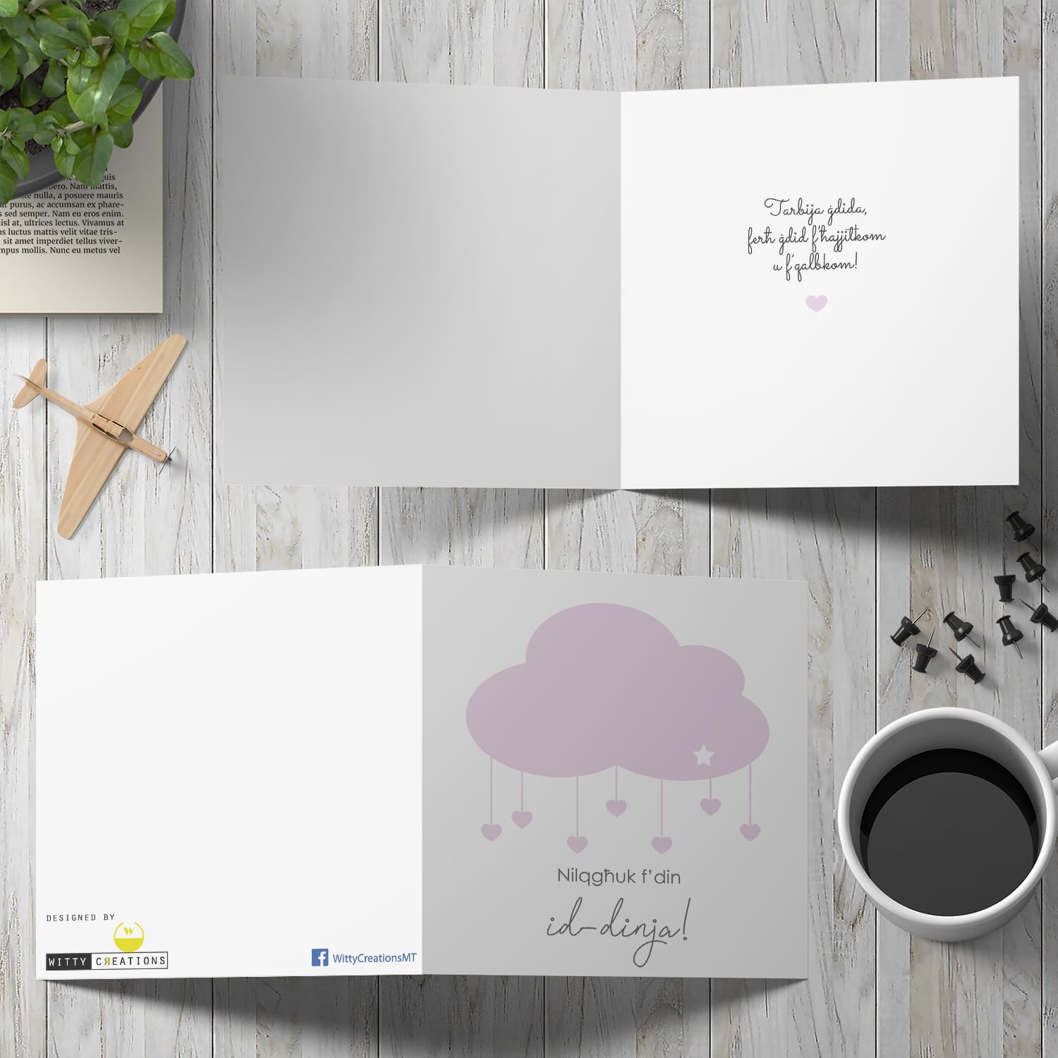 Pink cloud card  with hanging hearts for new born girls in Maltese