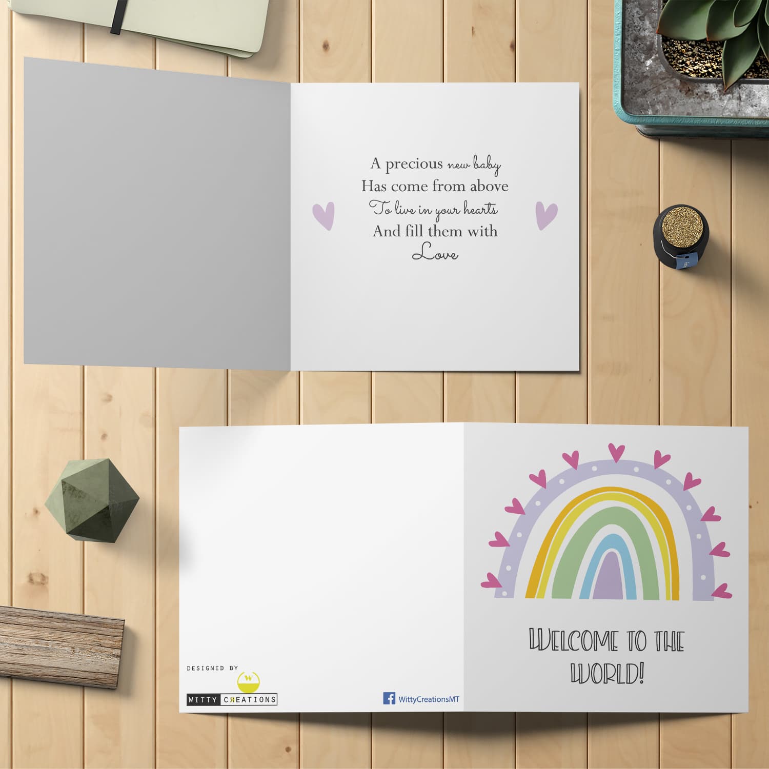 Rainbow themed new born card for girls in English