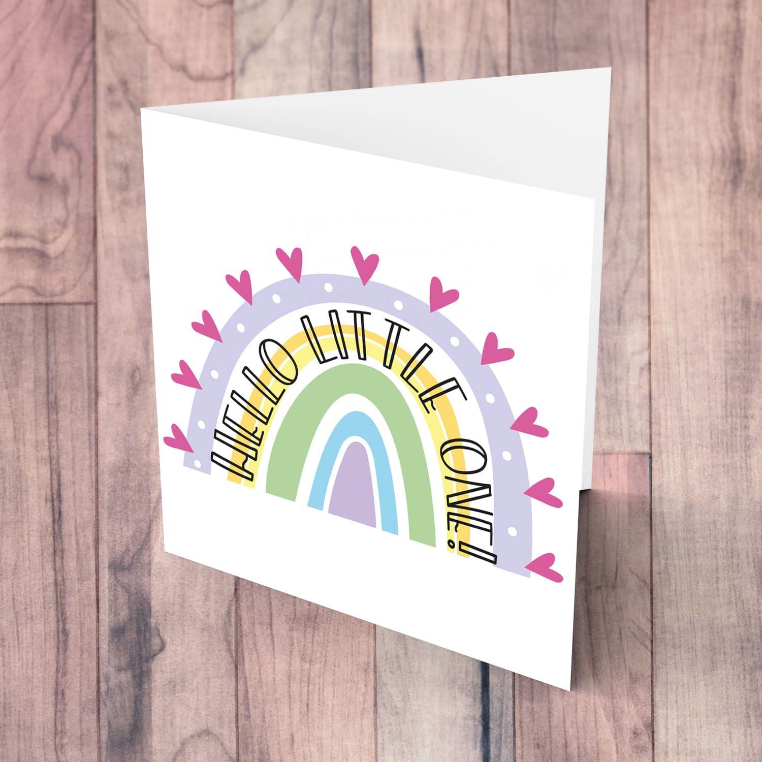 Rainbow themed new born card for girls with pink hearts in English