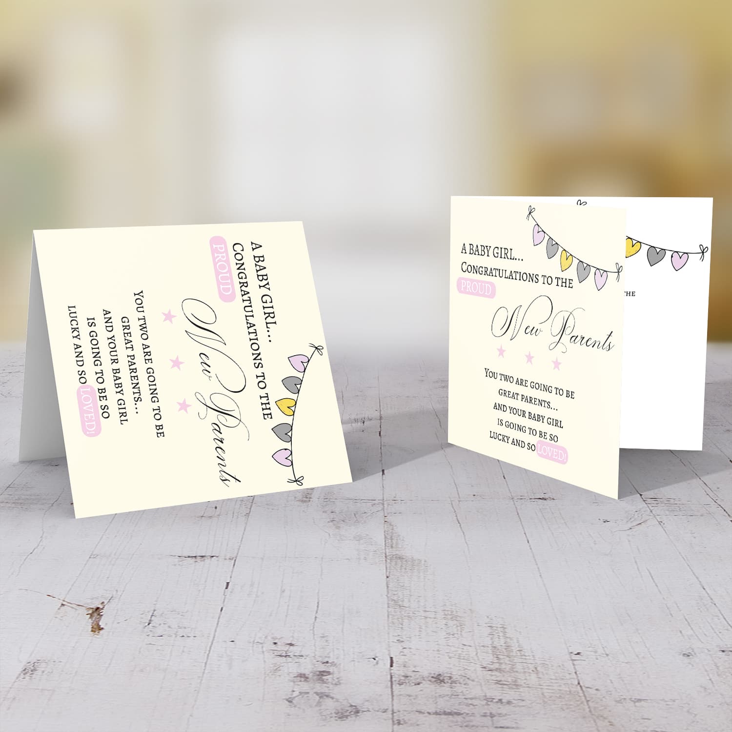 Heart bunting new born card for girls in English  