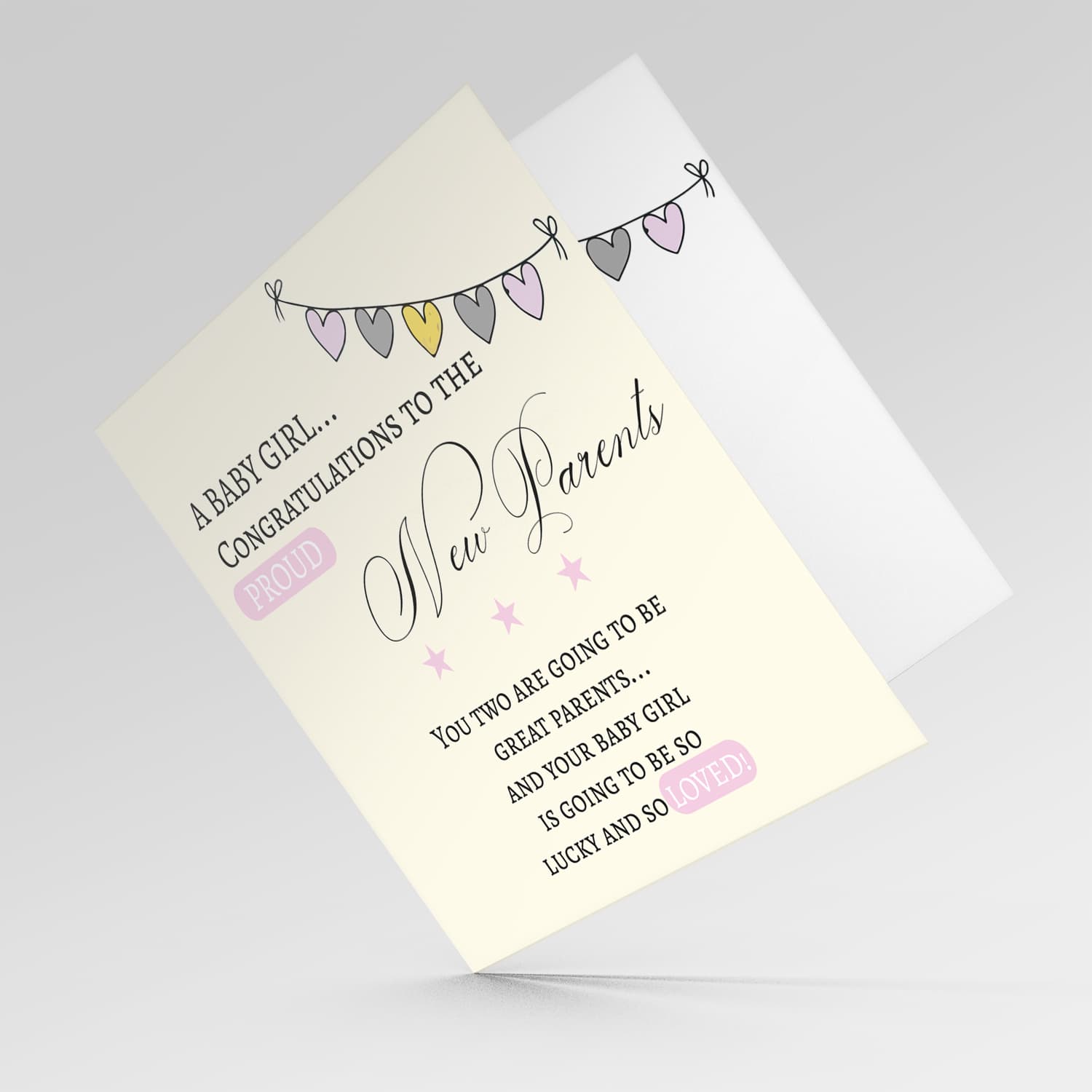 Heart bunting new born card for girls in English  