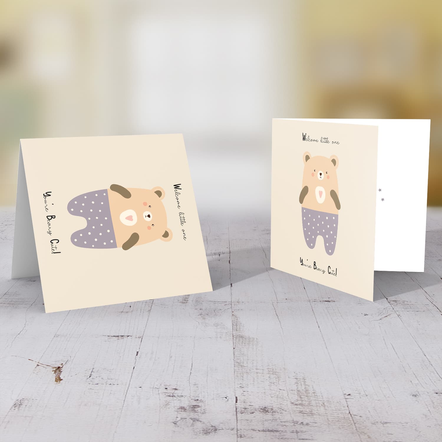 Beary Cute teddy bear, wearing purple pants with white dots New Born card for Girls in English