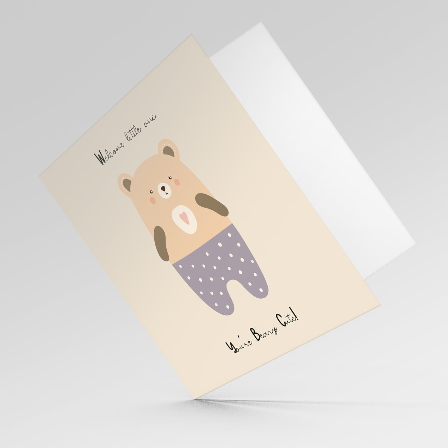 Beary Cute teddy bear, wearing purple pants with white dots New Born card for Girls in English