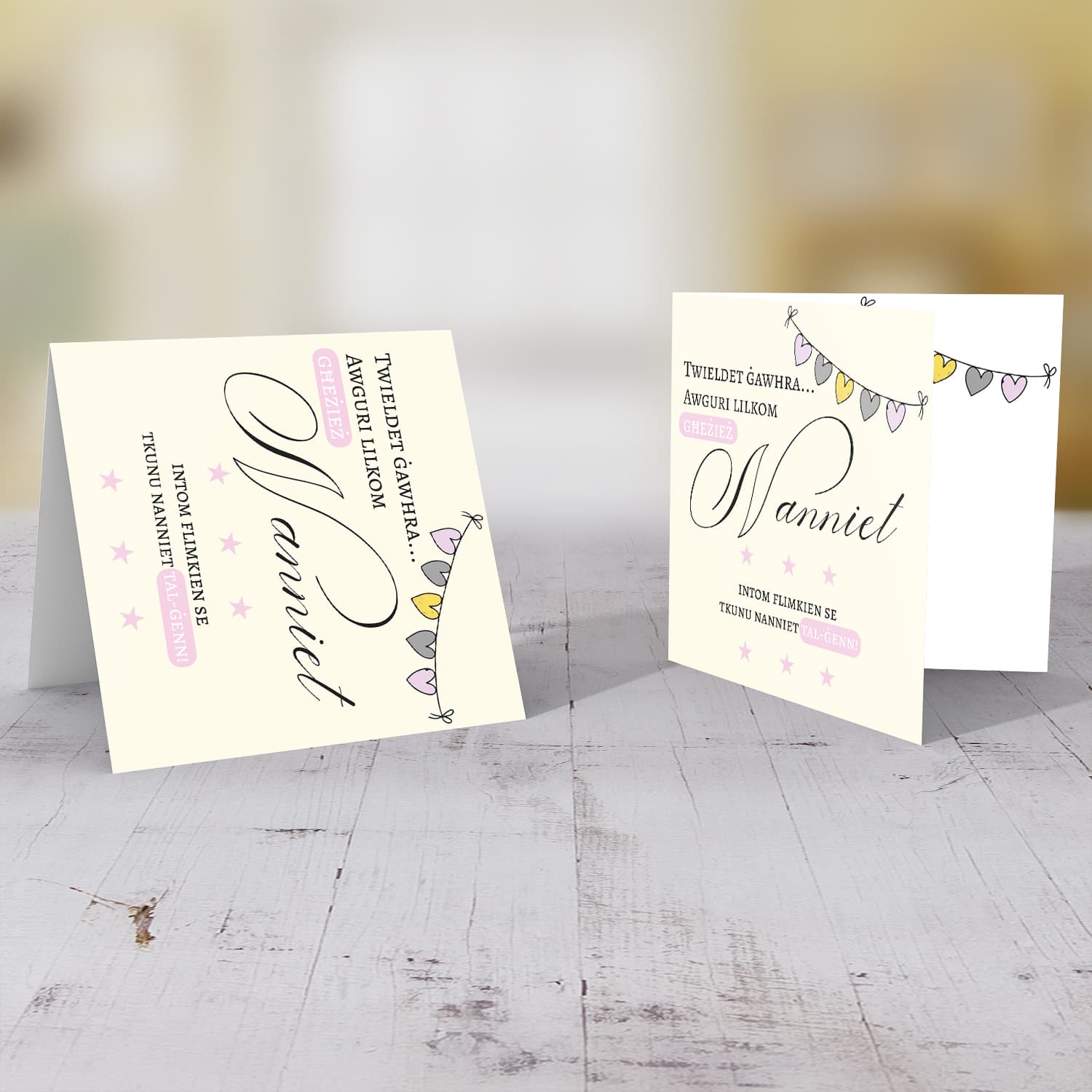 Heart bunting new born card -baby girl granddaughter- for grandparents in Maltese
