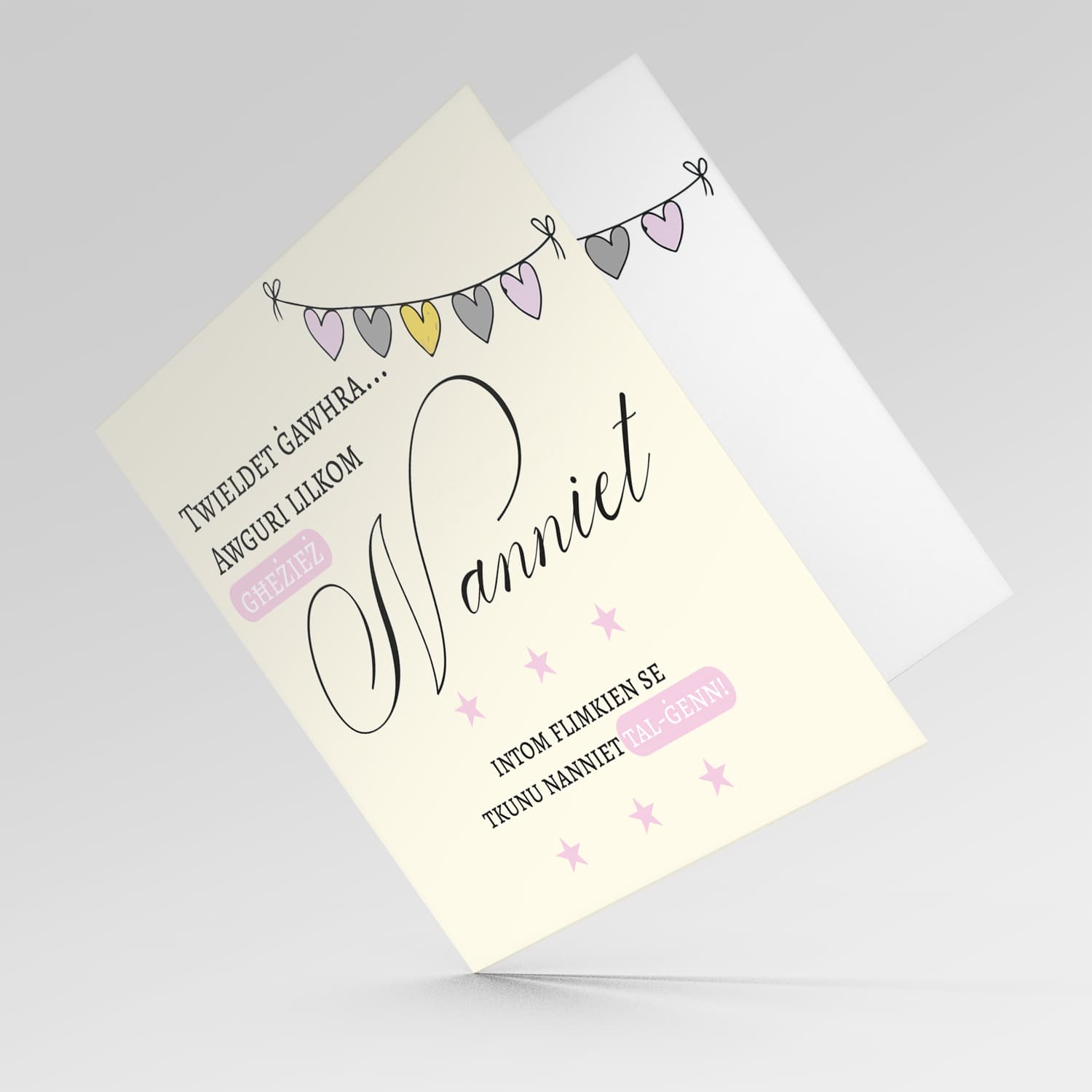 Heart bunting new born card -baby girl granddaughter- for grandparents in Maltese