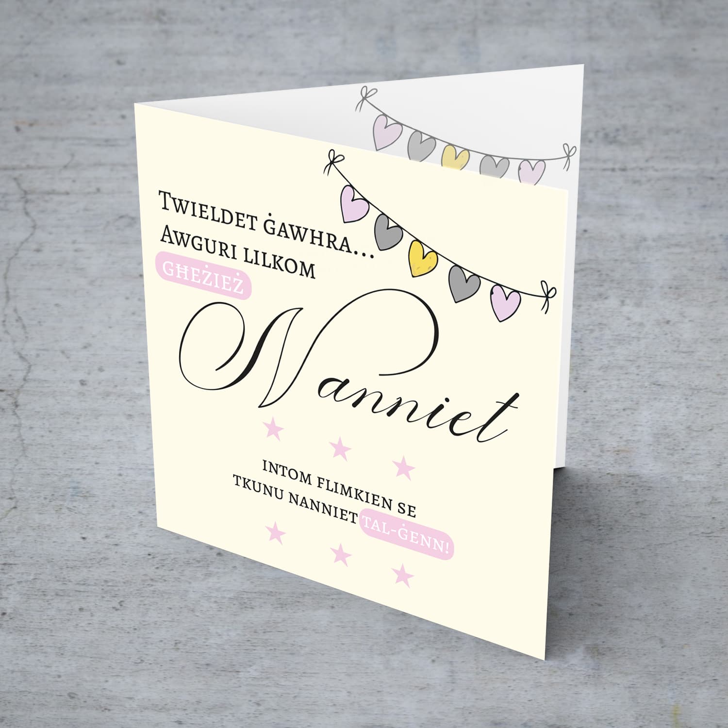 Heart bunting new born card -baby girl granddaughter- for grandparents in Maltese