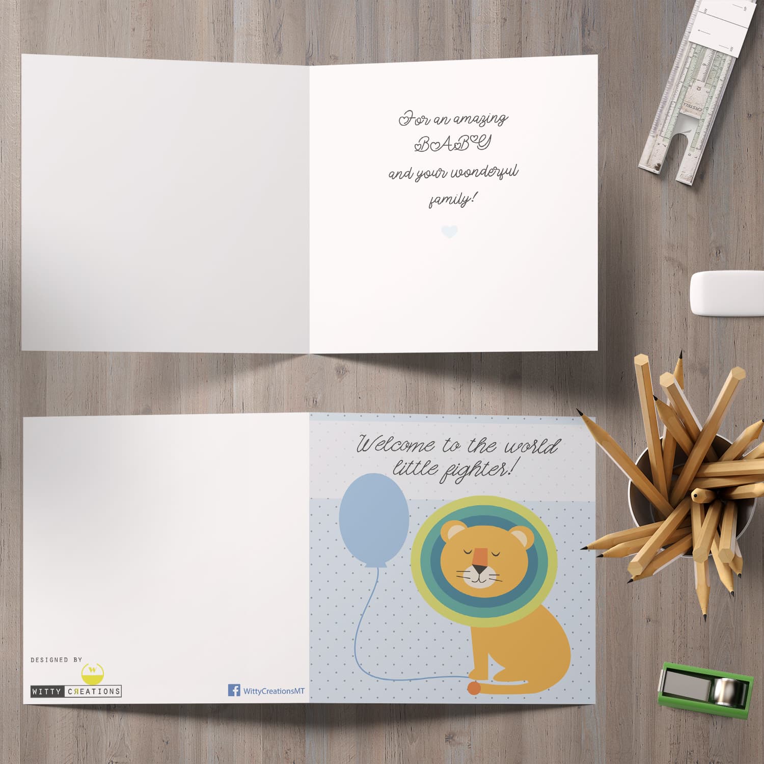 Lion holding blue balloon new born card in English