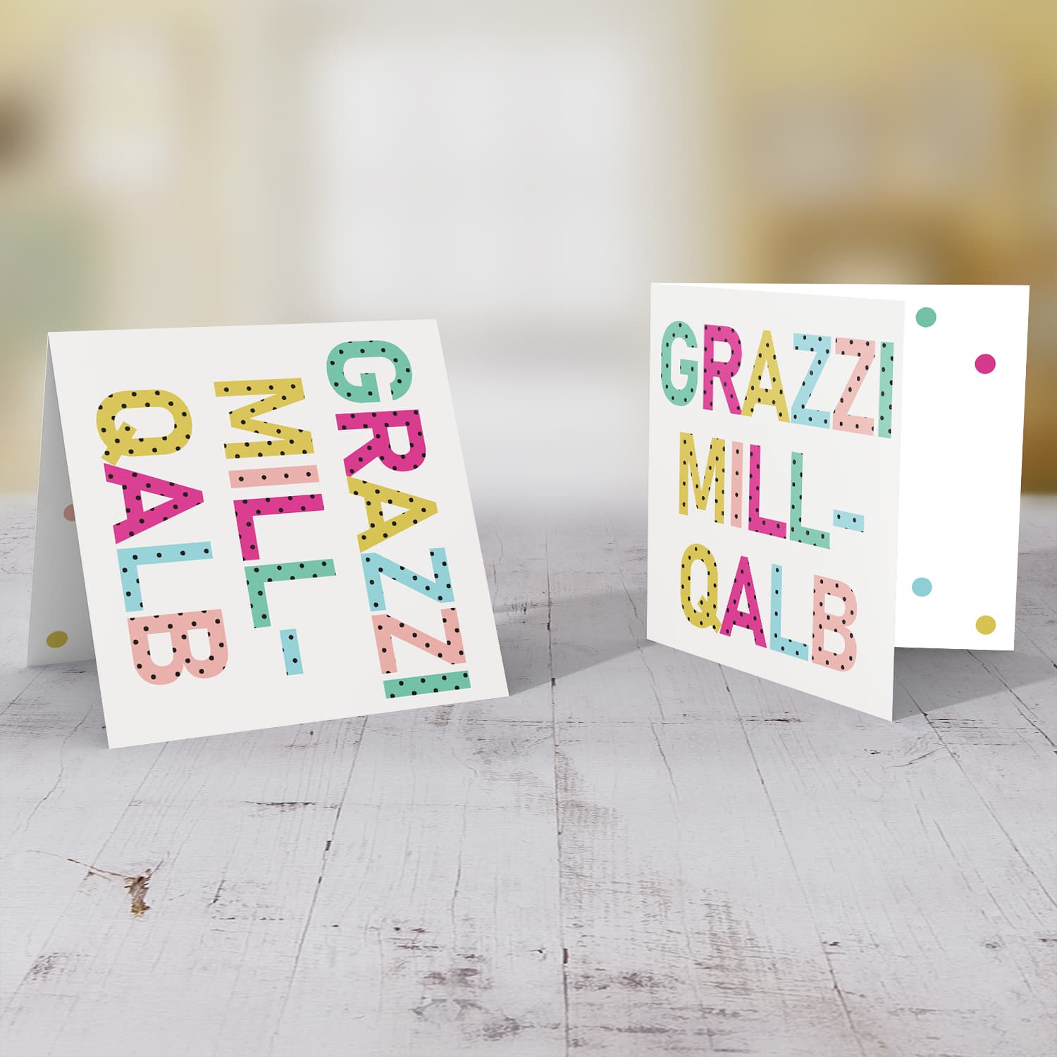 Colourful text with polka dots - Thank you card in Maltese