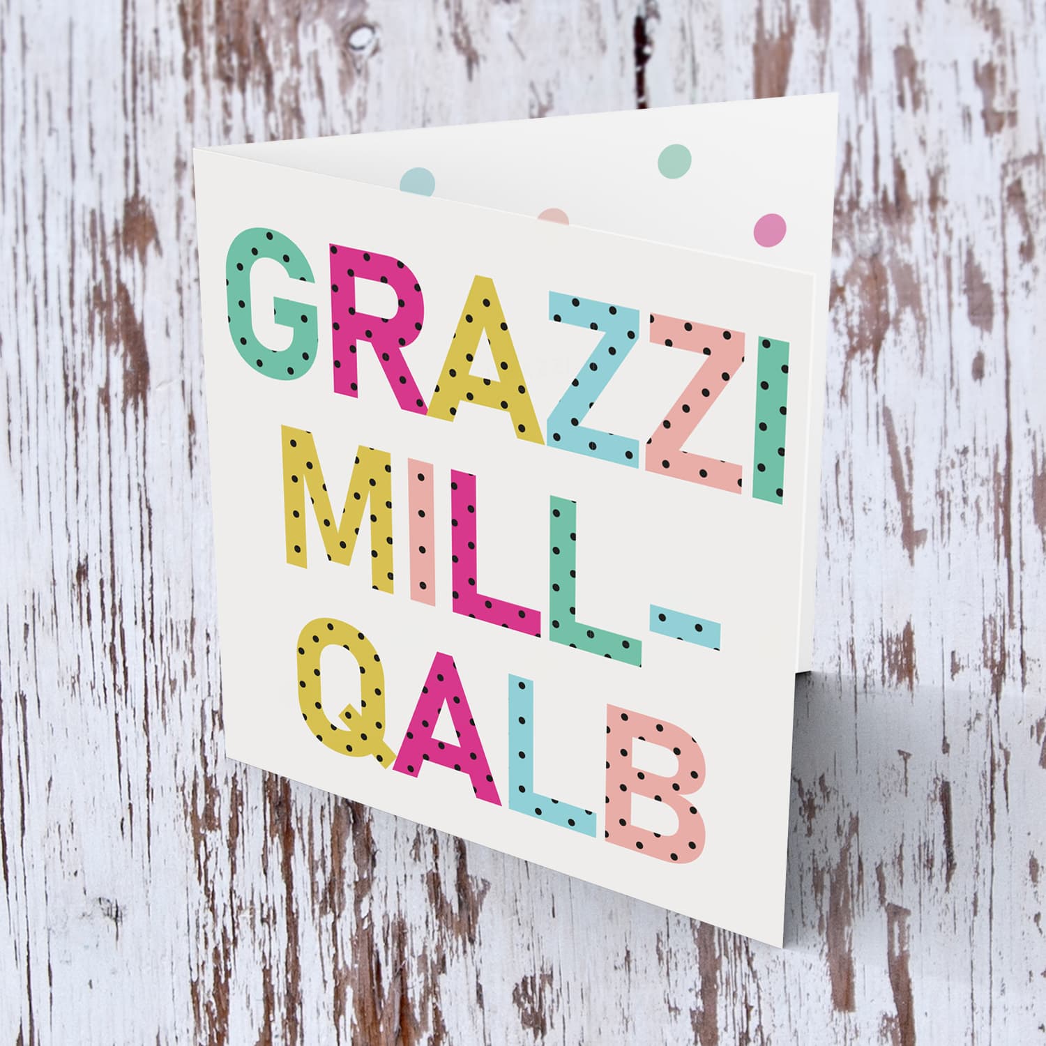 Colourful text with polka dots - Thank you card in Maltese