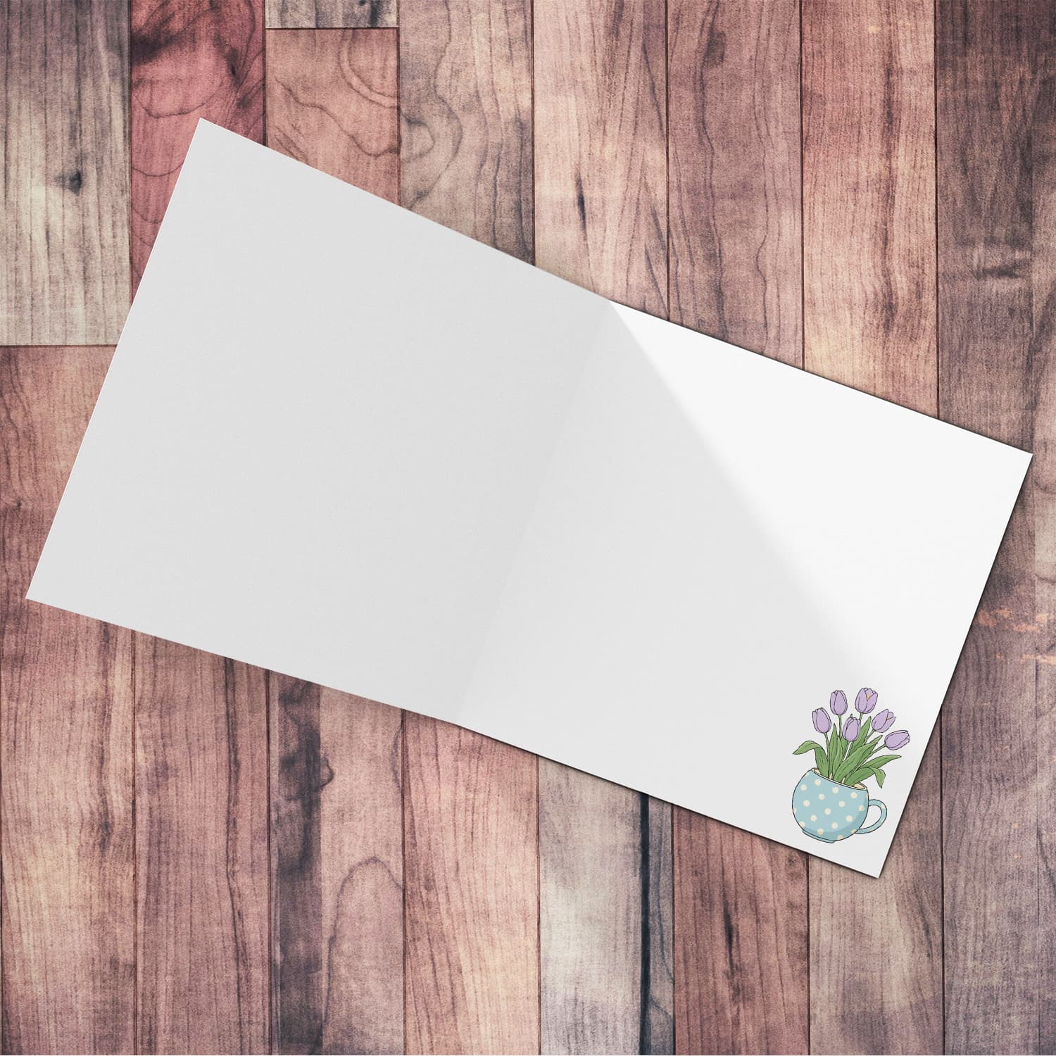 A beautiful thank you card featuring light purple tulips in spotted vase and neutral background in Maltese