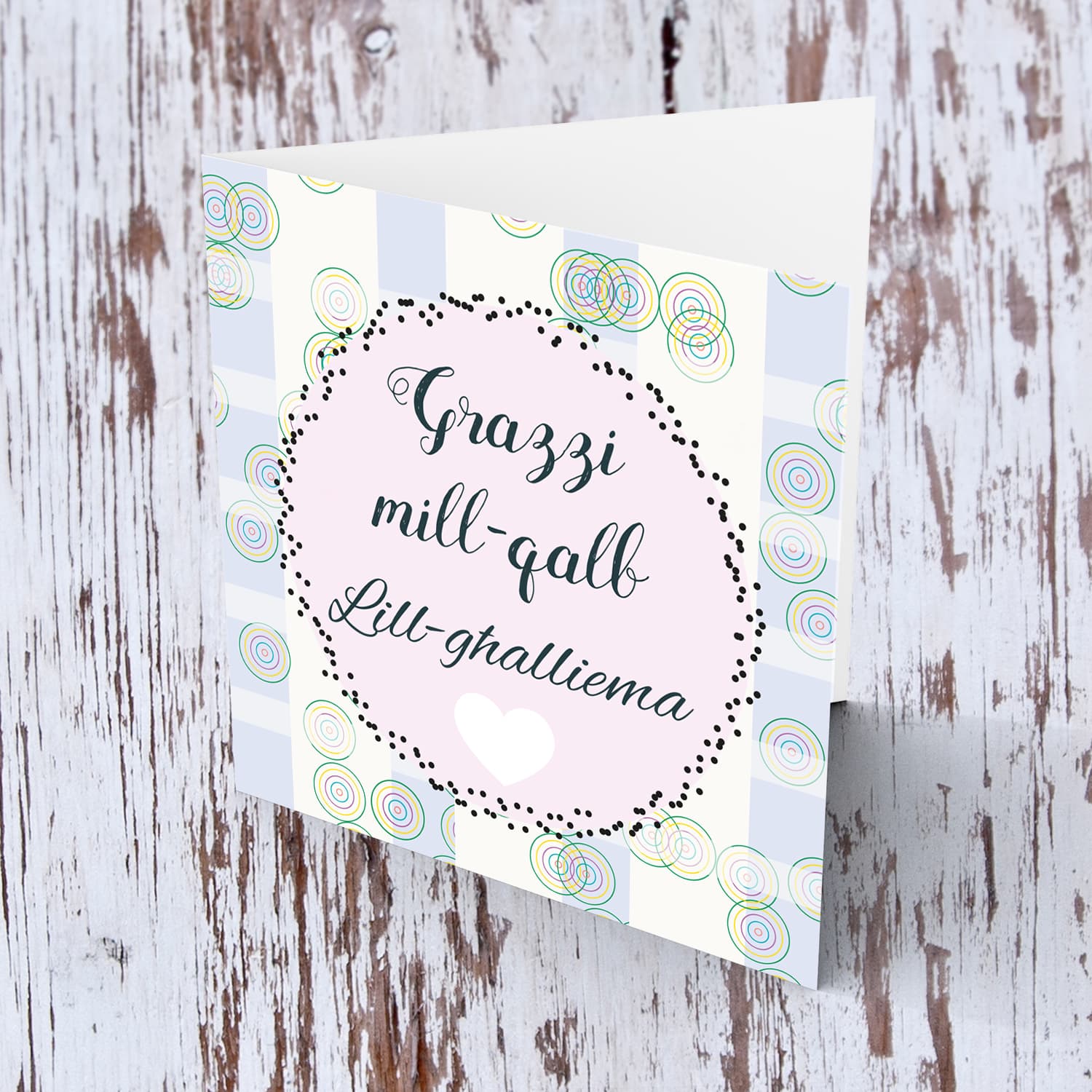 Chequed background in light pink and purple thank you card for teacher in MalteseGr