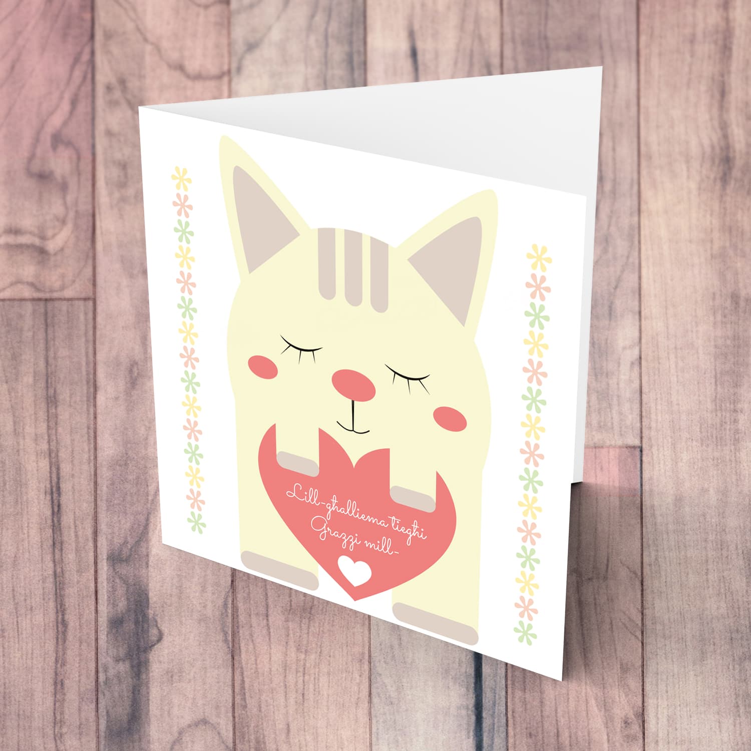Cute cat thank you card for teacher in Maltese