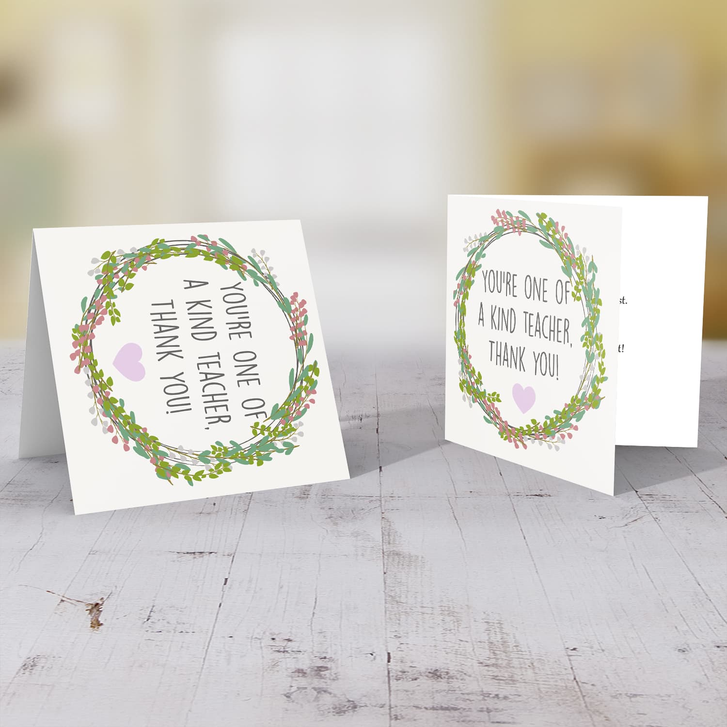 Wreath themed thank you card for teacher in English with purple heart