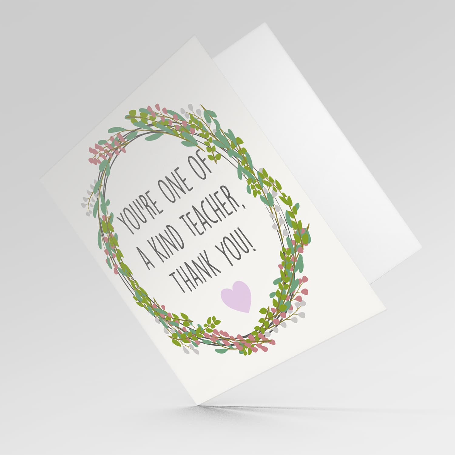 Wreath themed thank you card for teacher in English with purple heart