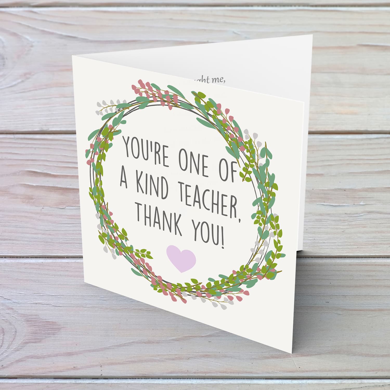Wreath themed thank you card for teacher in English with purple heart