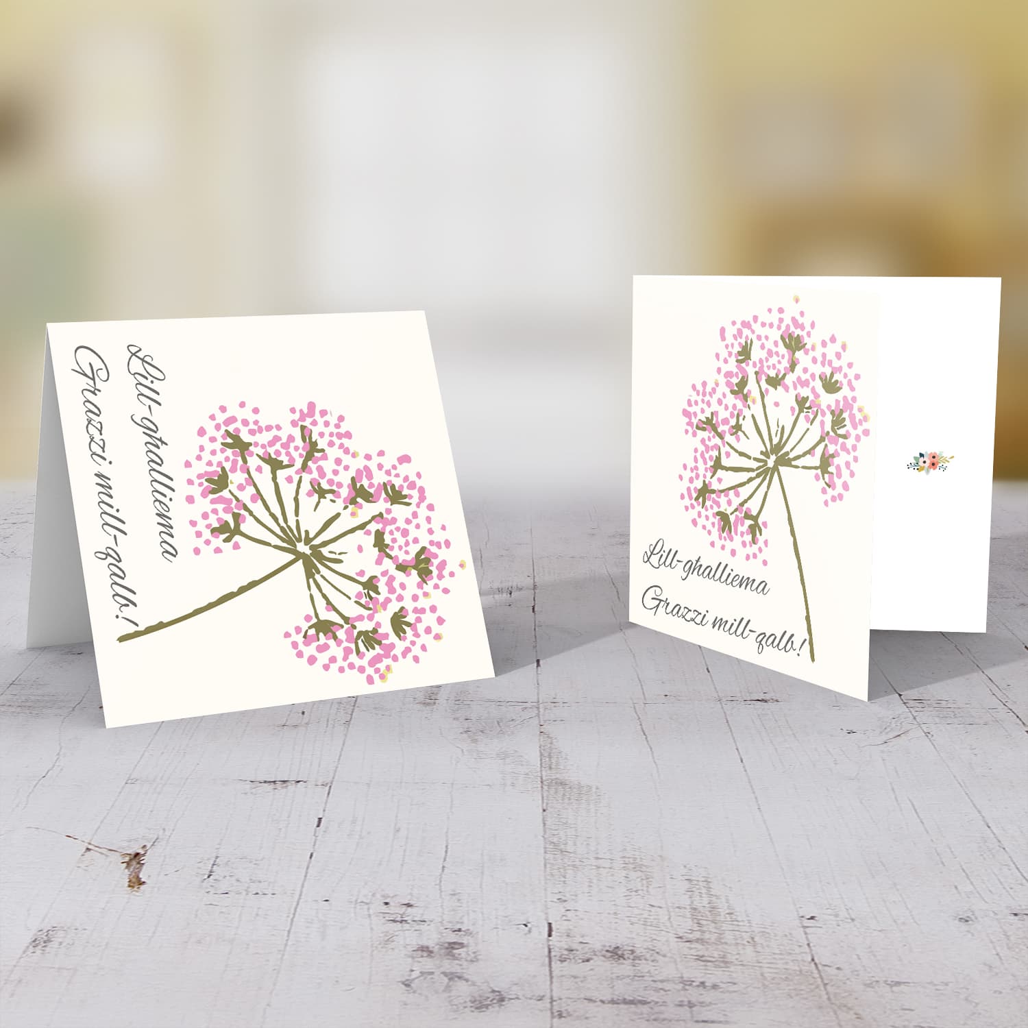 Pink flower thank you card for teacher in Maltese
