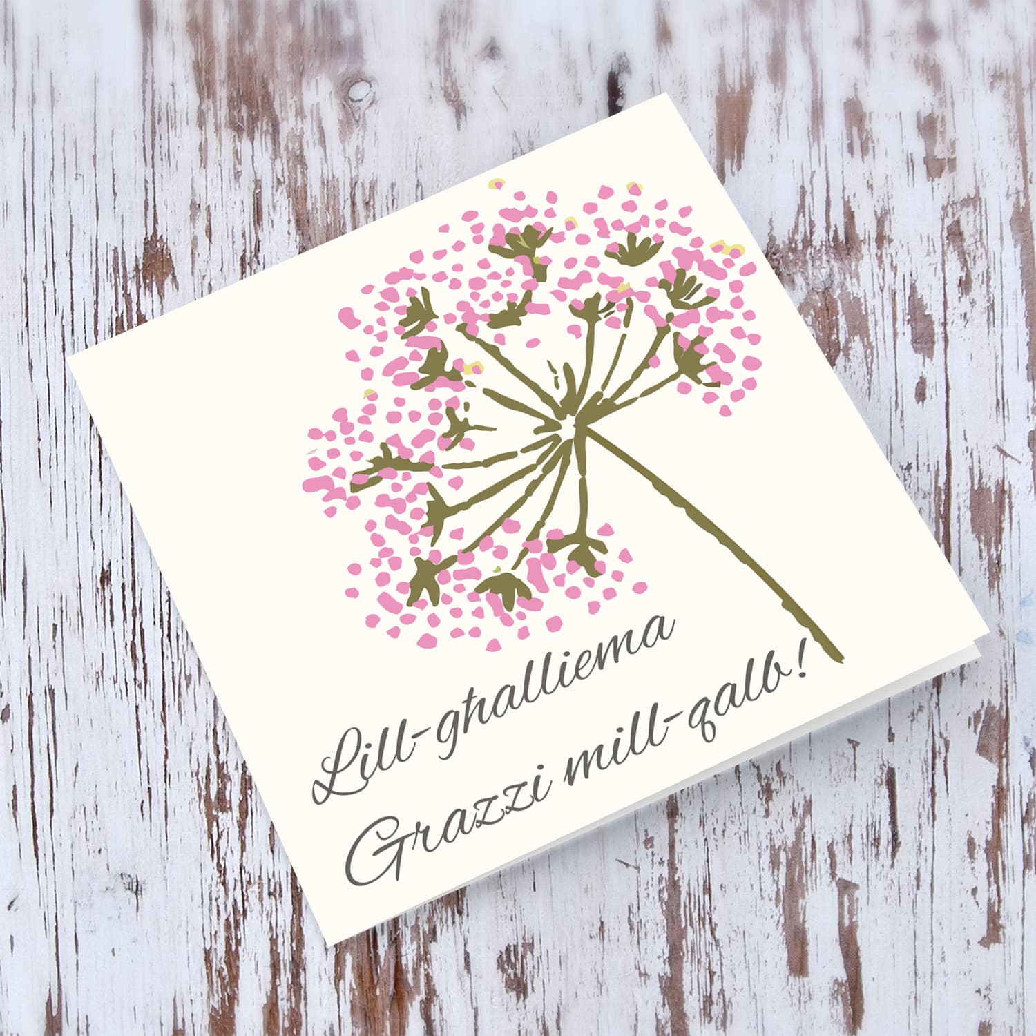 Pink flower thank you card for teacher in Maltese