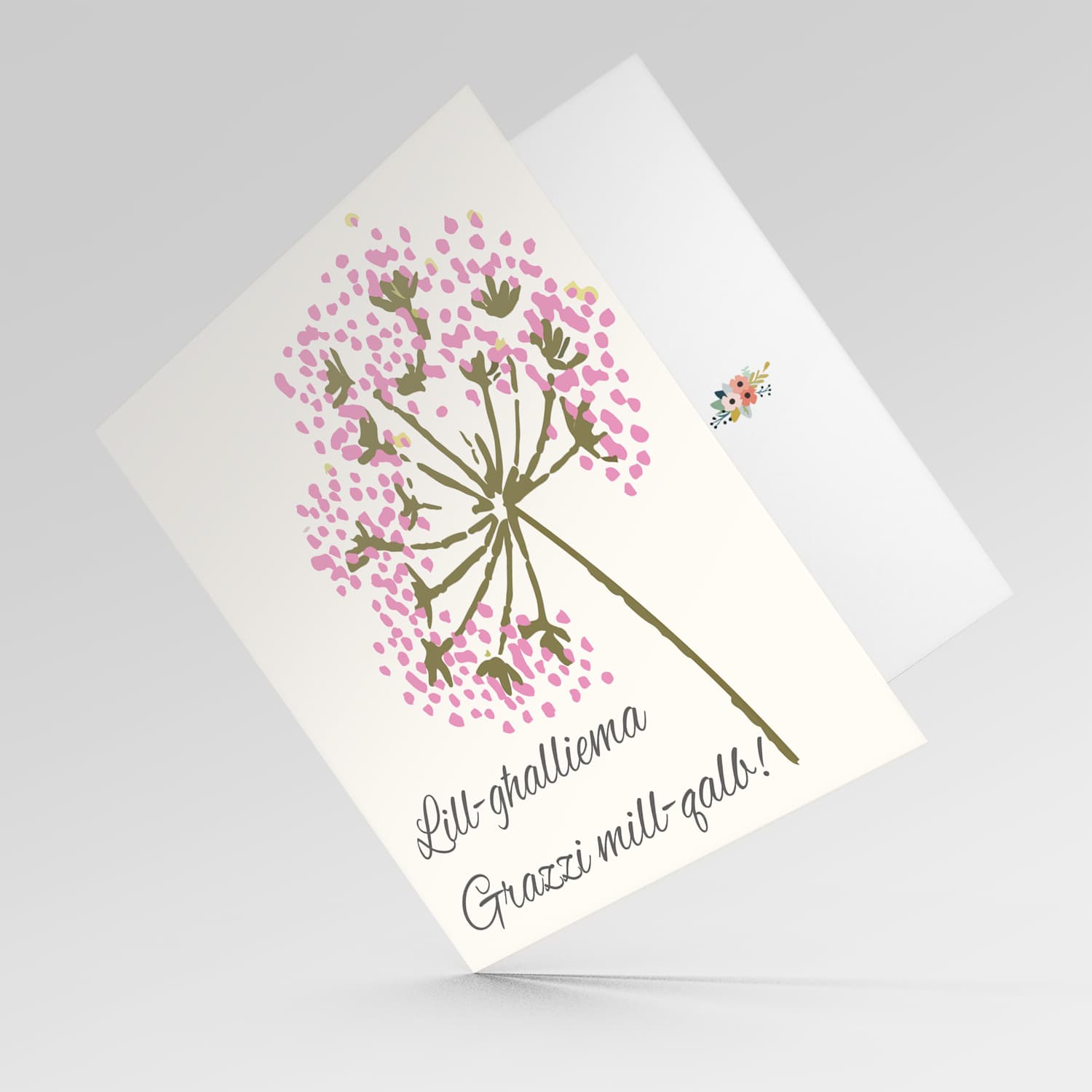 Pink flower thank you card for teacher in Maltese