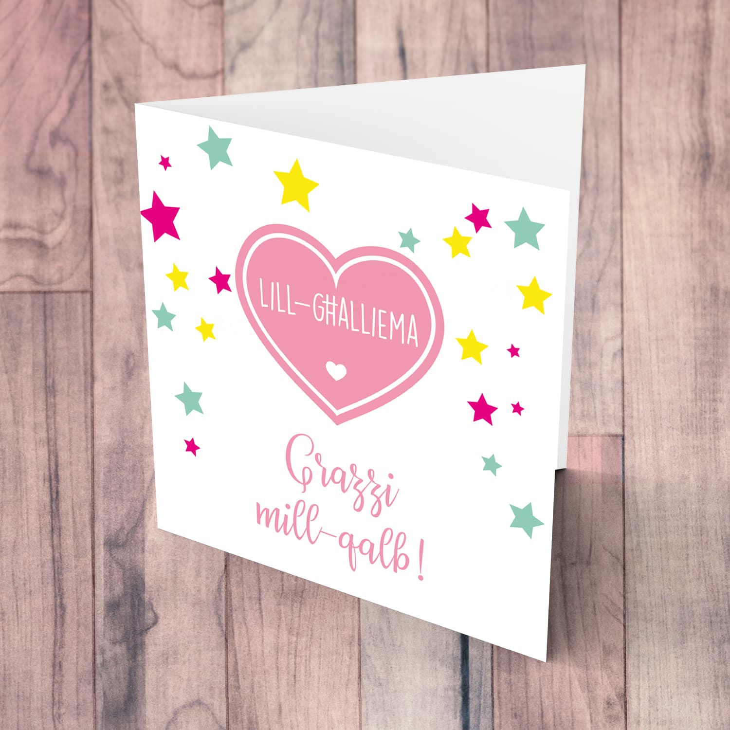 Pink heart with colourful stars thank you card for teacher in Maltese