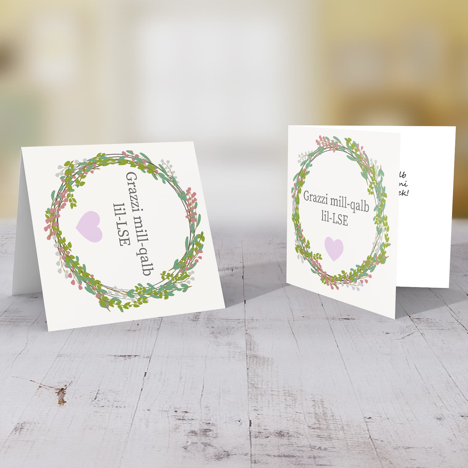 Wreath themed thank you card for LSE in Maltese with purple heart