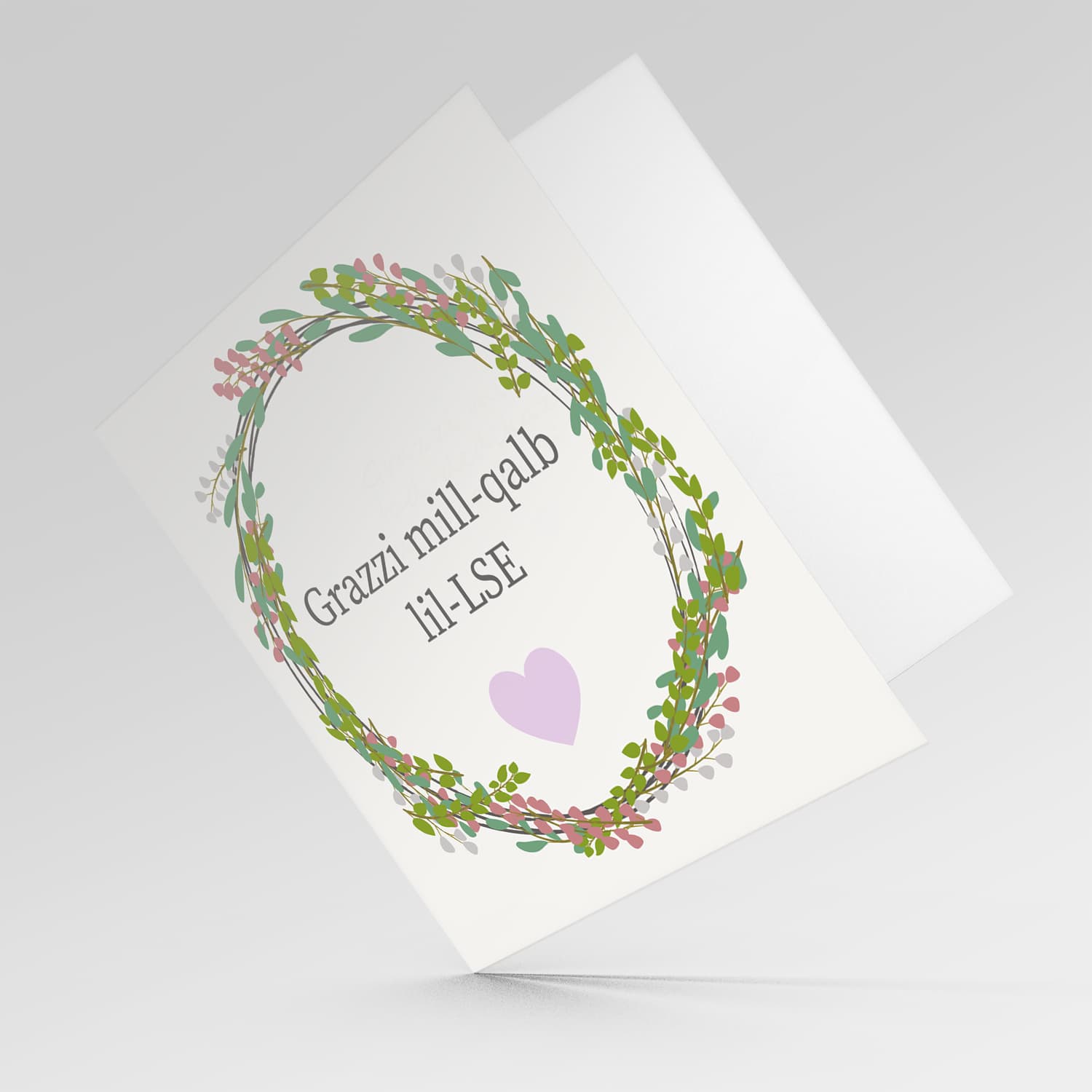 Wreath themed thank you card for LSE in Maltese with purple heart