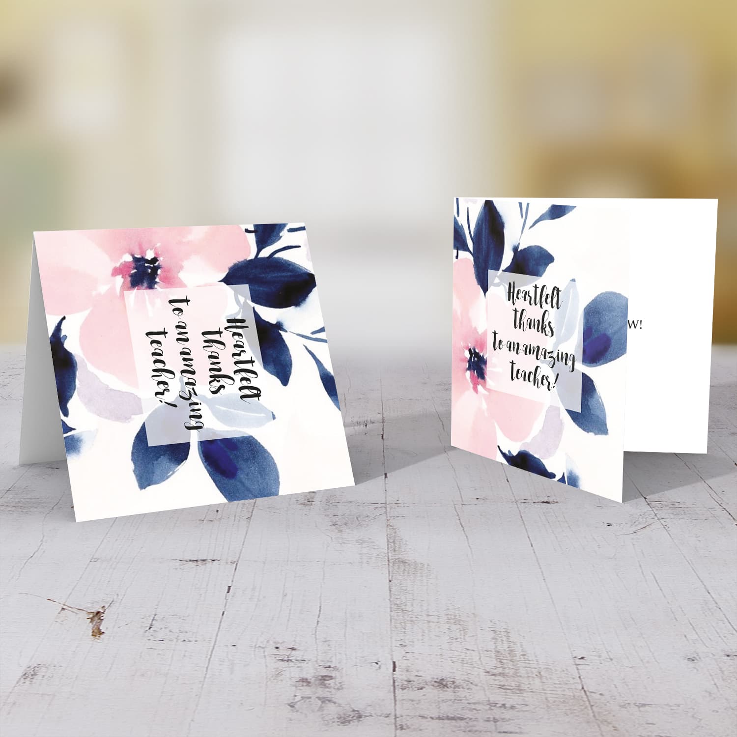 Pink flower with blue leaves thank you card for teacher in English