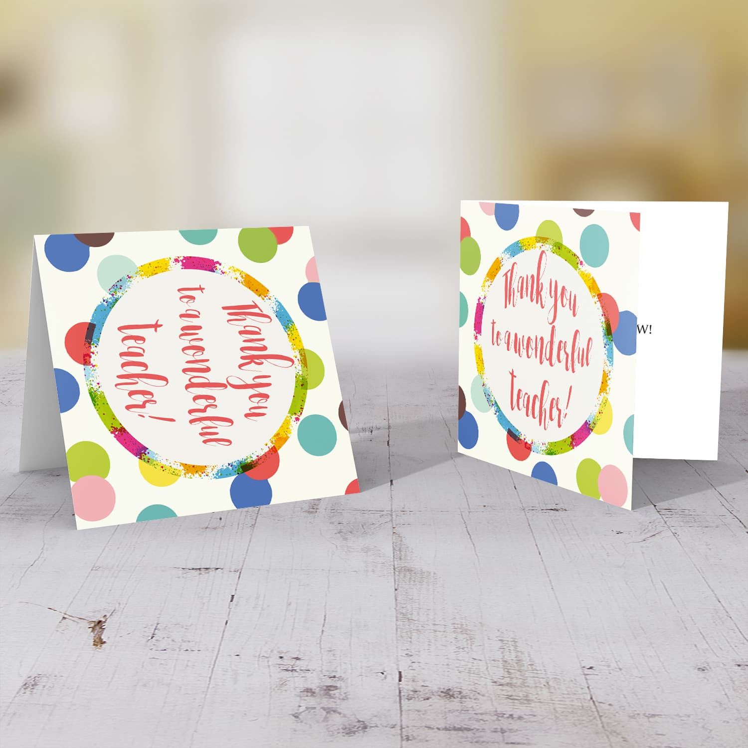Colourful circles thank you card for teacher in English