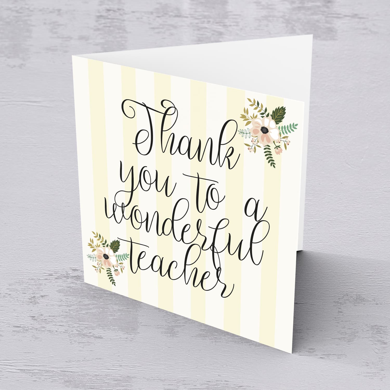 Elegant thank you card with striped pastel yellow background with florals for teacher in English 