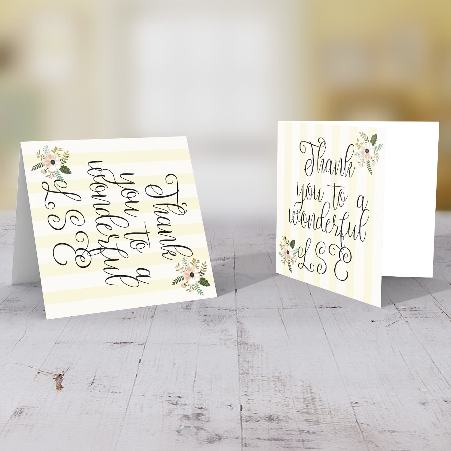 Elegant thank you card with striped pastel yellow background with florals for LSE in English 