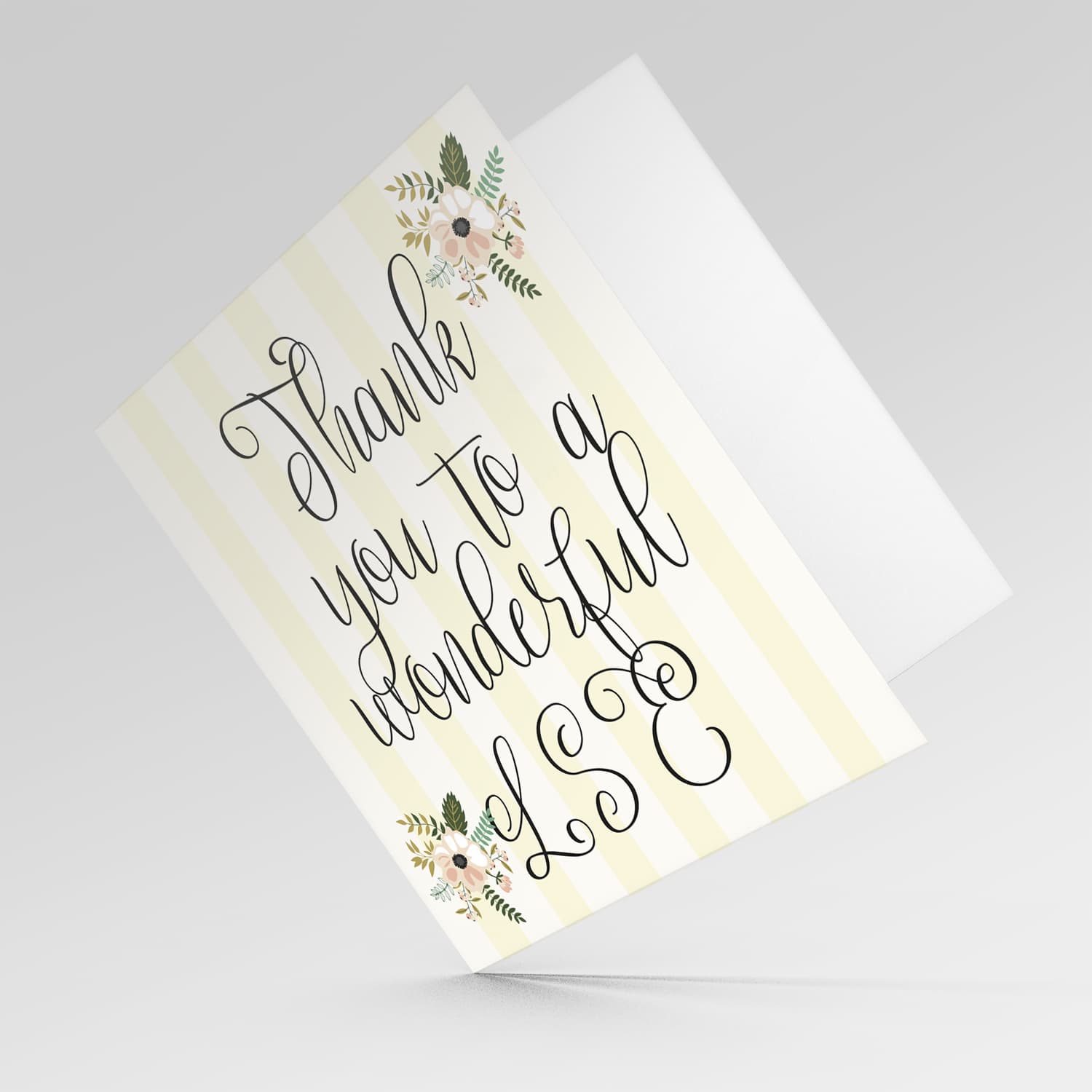 Elegant thank you card with striped pastel yellow background with florals for LSE in English 