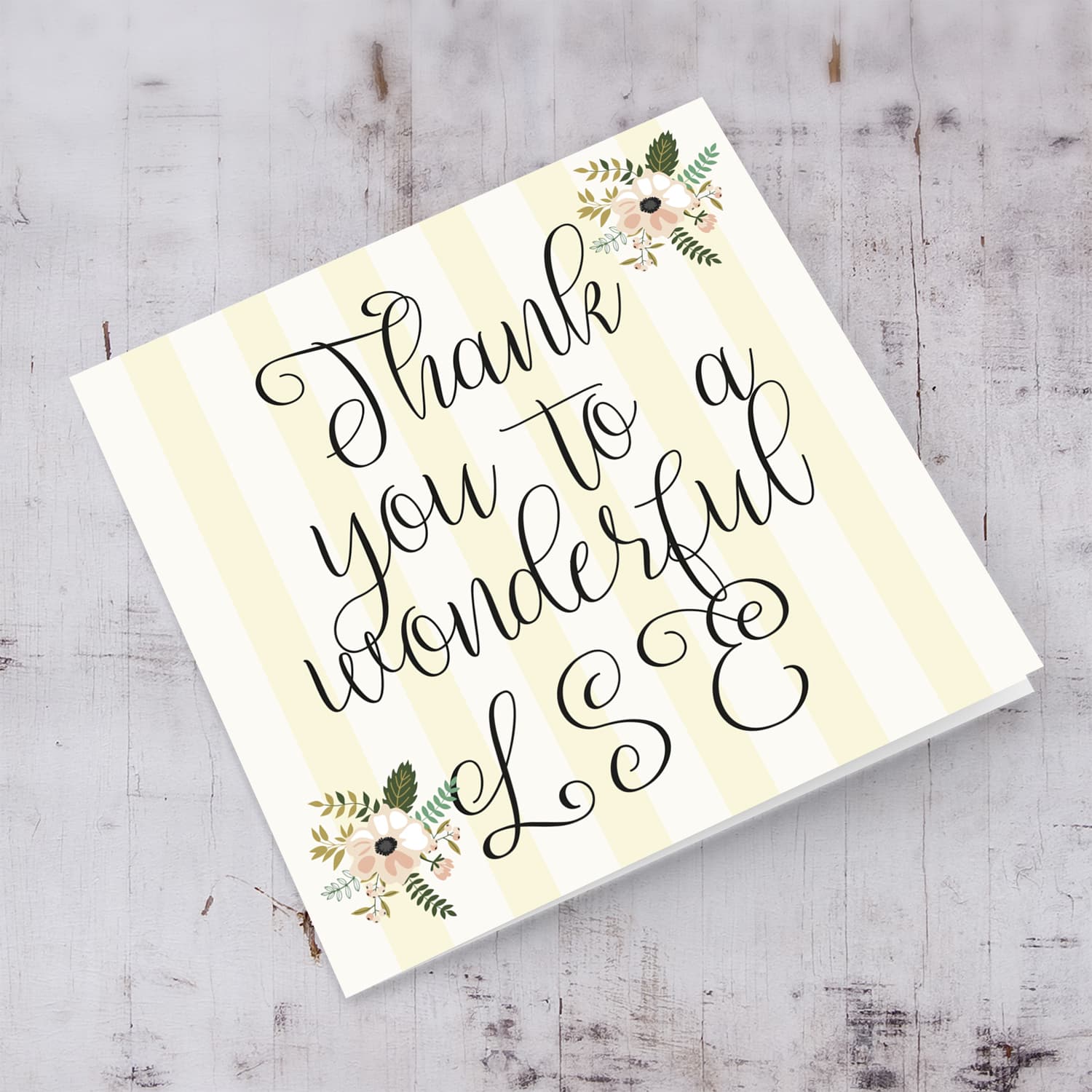 Elegant thank you card with striped pastel yellow background with florals for LSE in English 