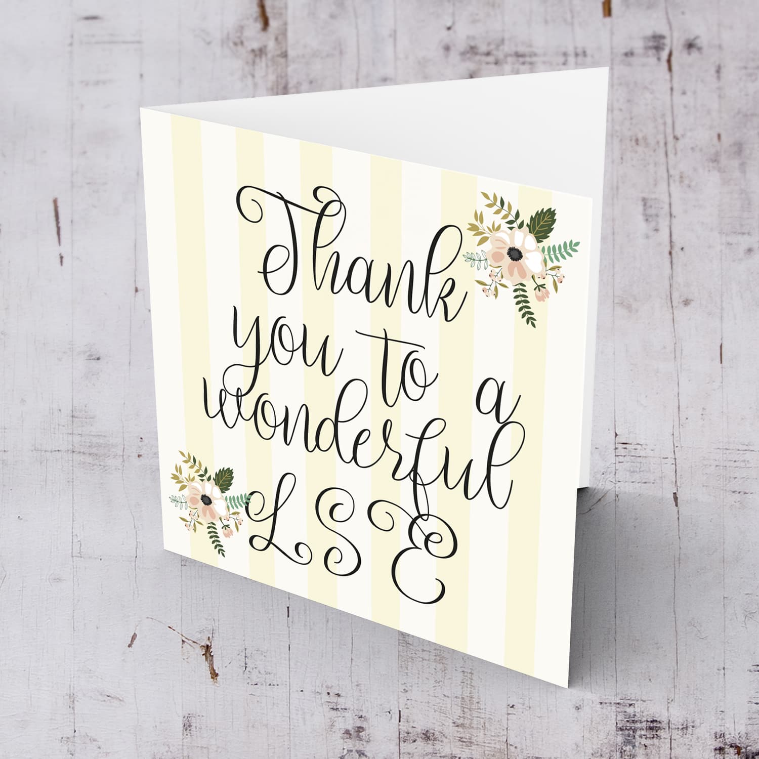 Elegant thank you card with striped pastel yellow background with florals for LSE in English 