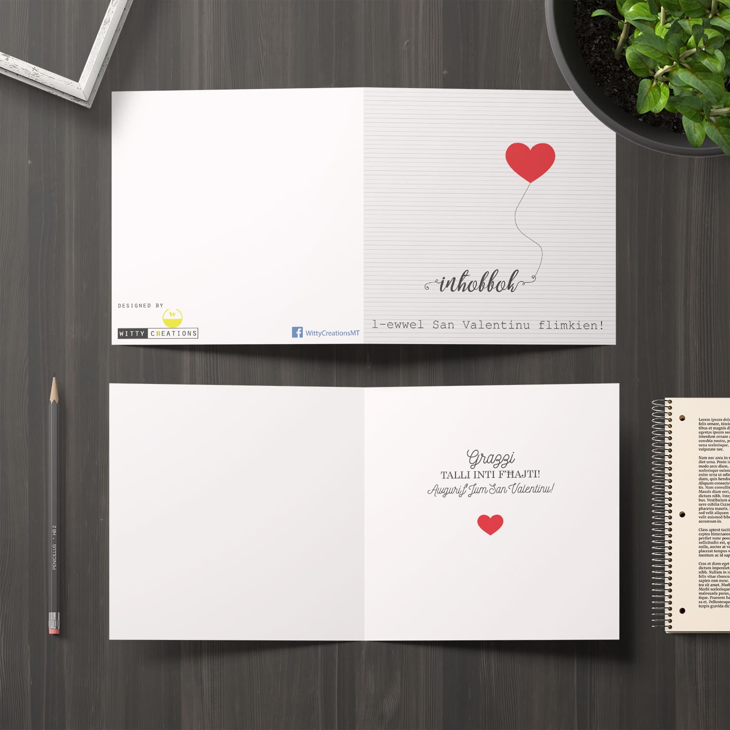 Striped background with red heart Valentines card in Maltese