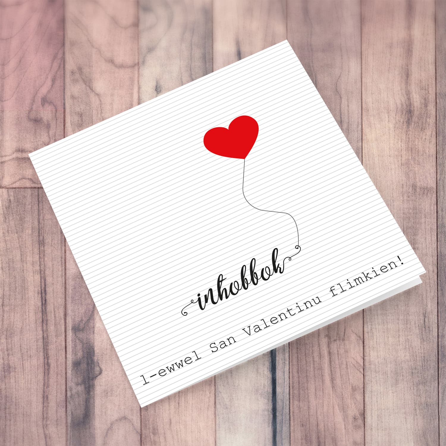 Striped background with red heart Valentines card in Maltese