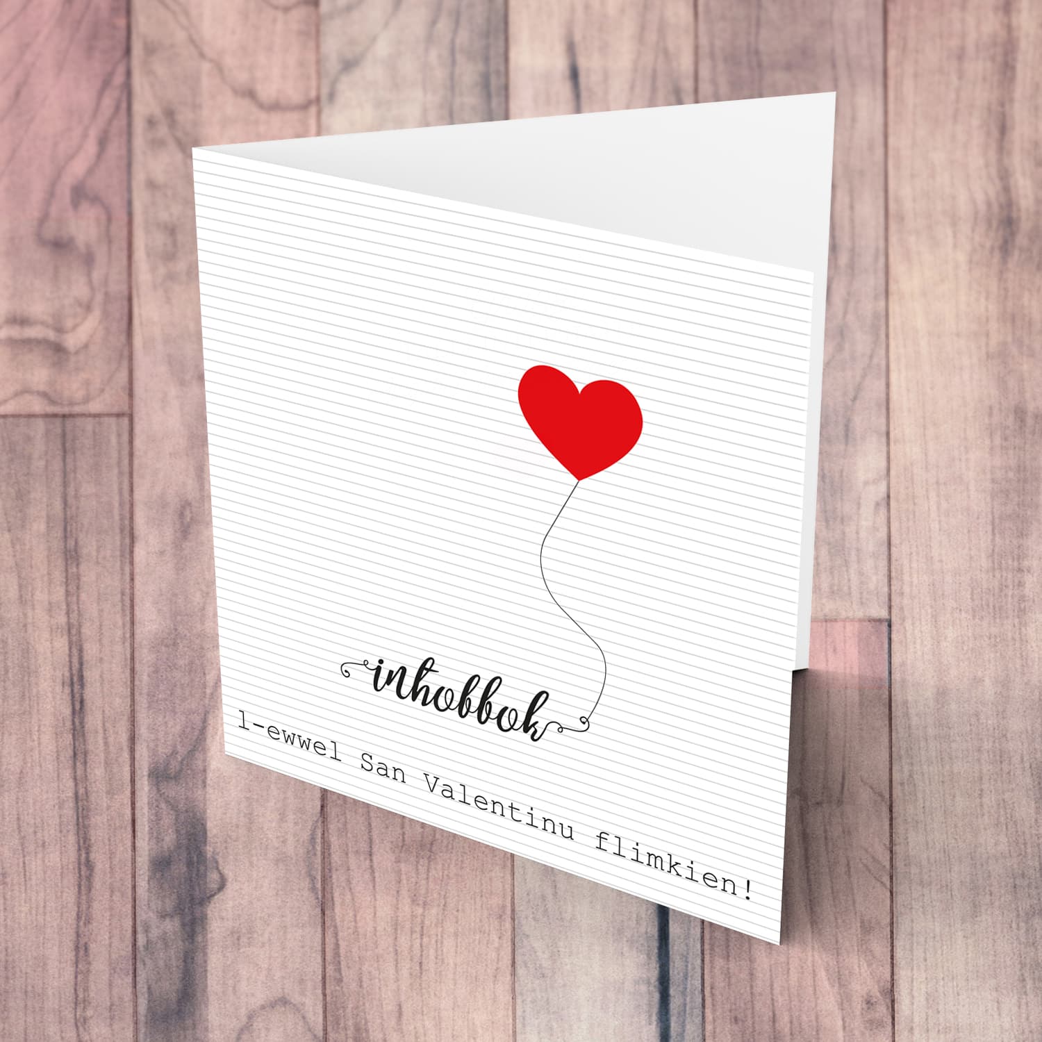 Striped background with red heart Valentines card in Maltese