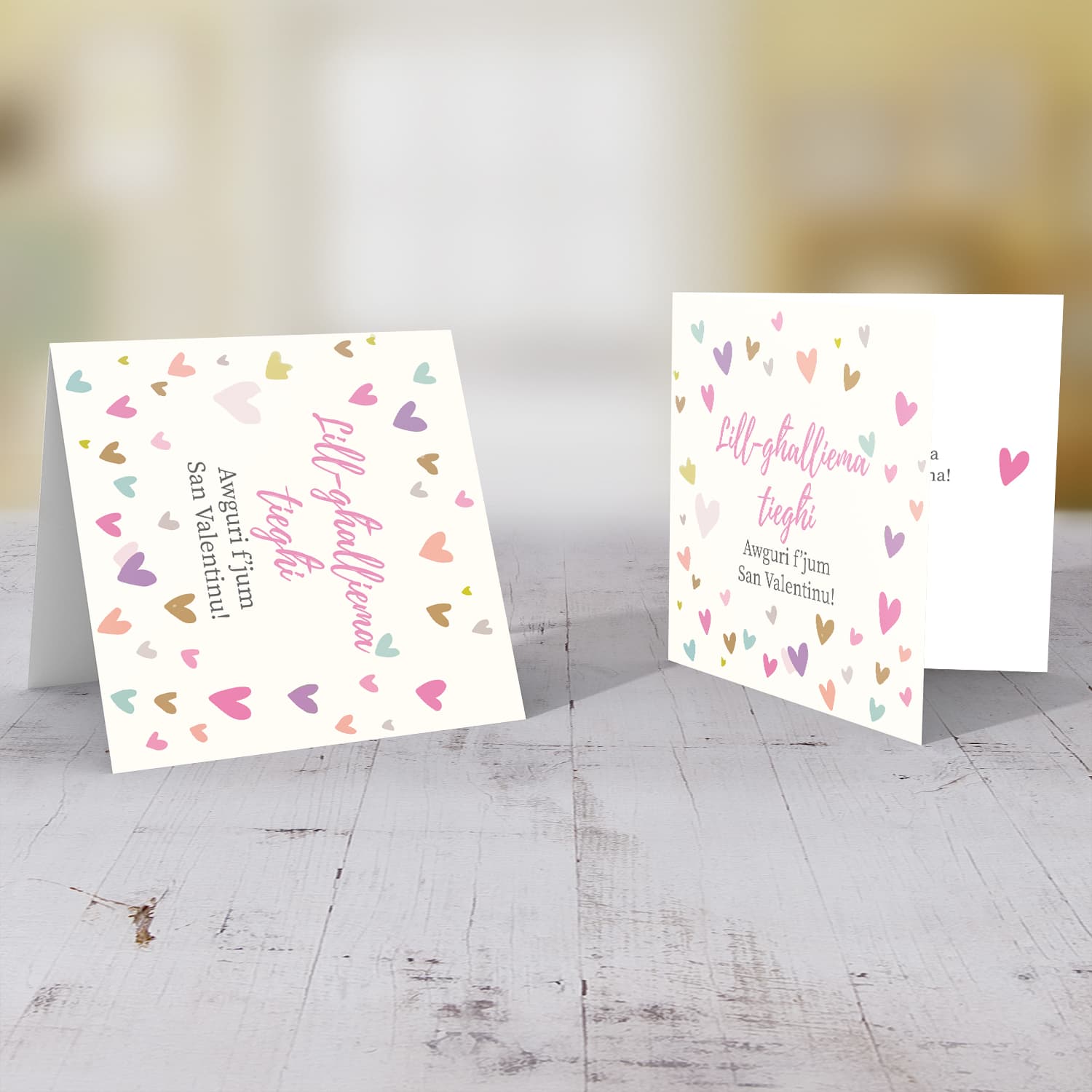 Colourful heart background Valentines card for teacher in Maltese