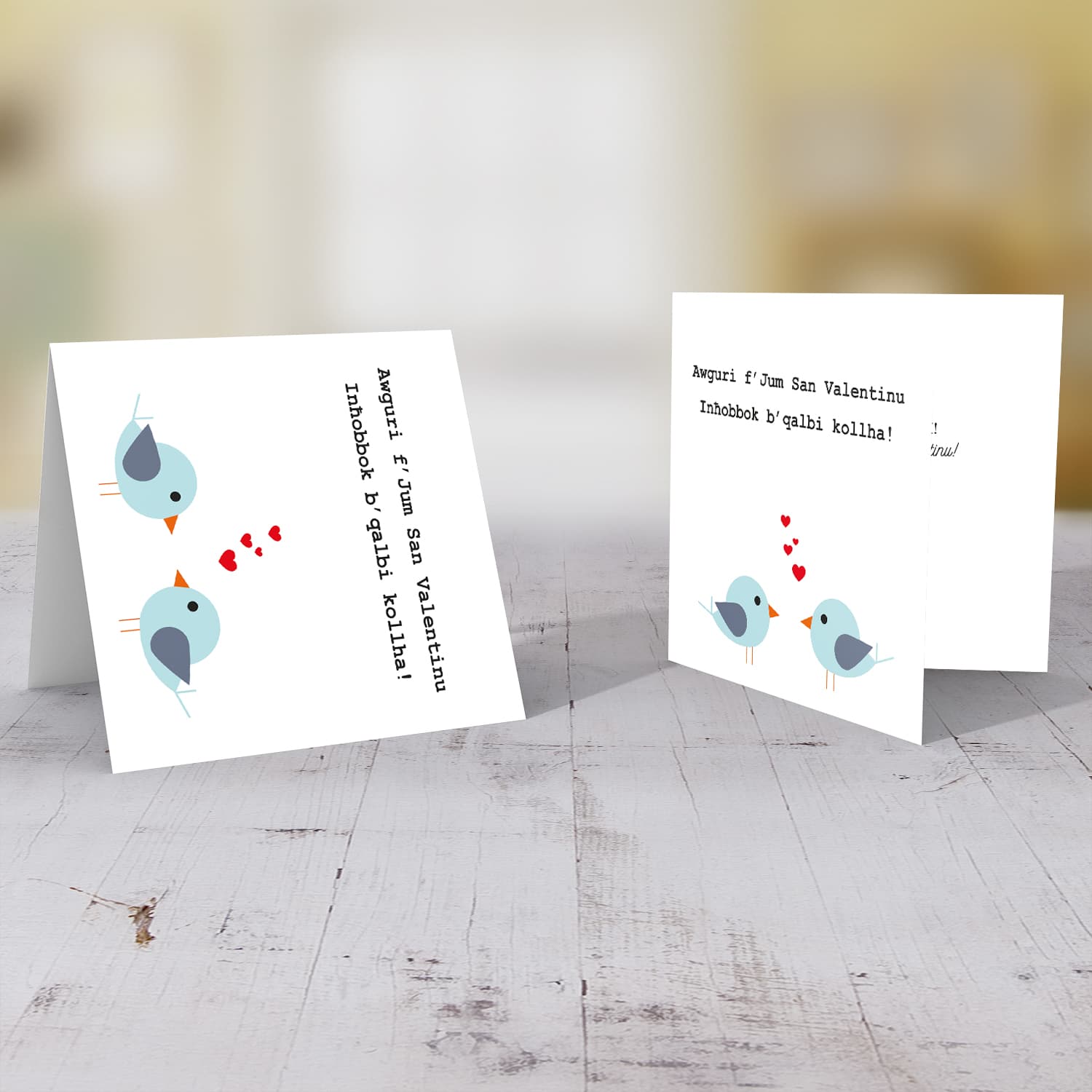 Two birds with hearts Valentines Card in Maltese