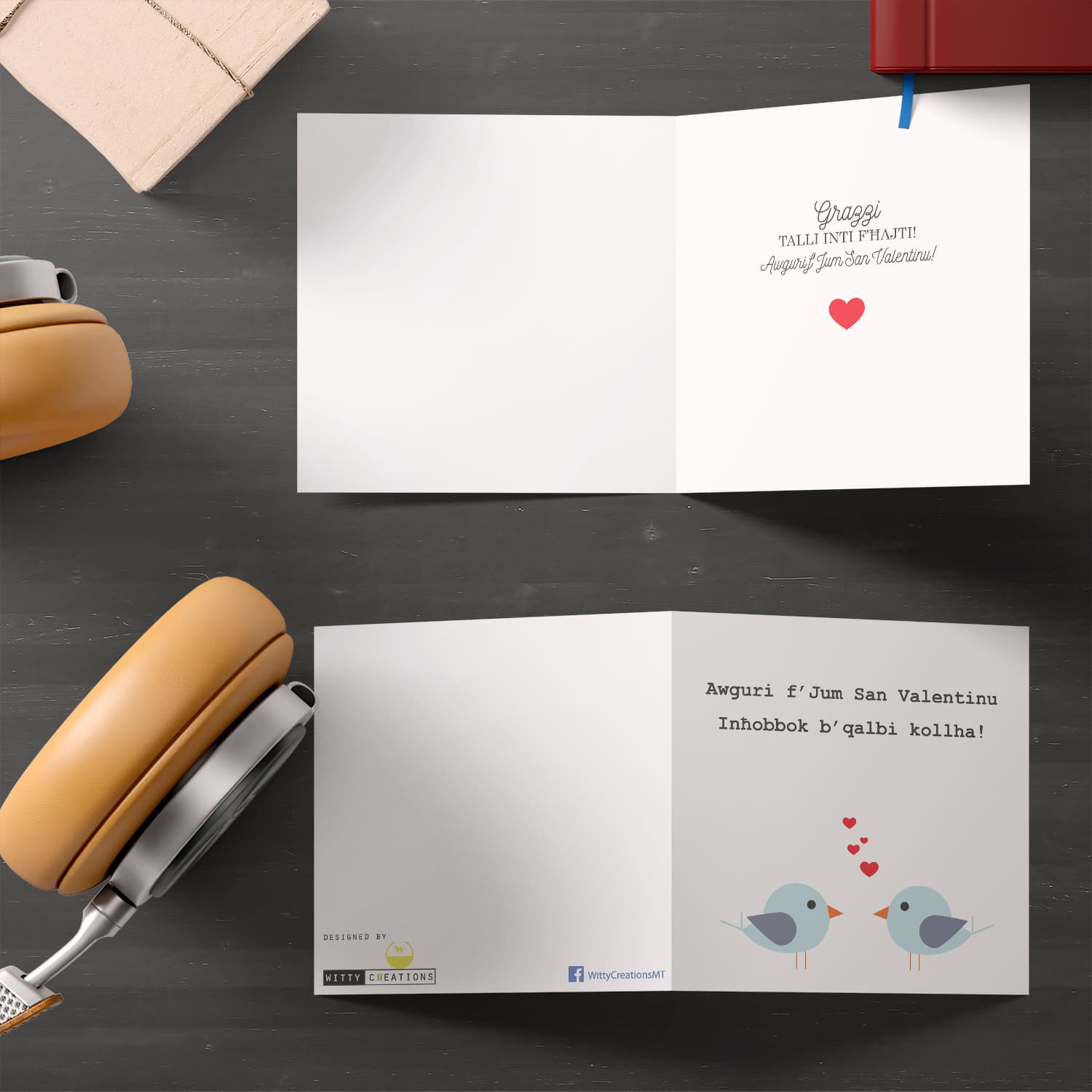 Two birds with hearts Valentines Card in Maltese