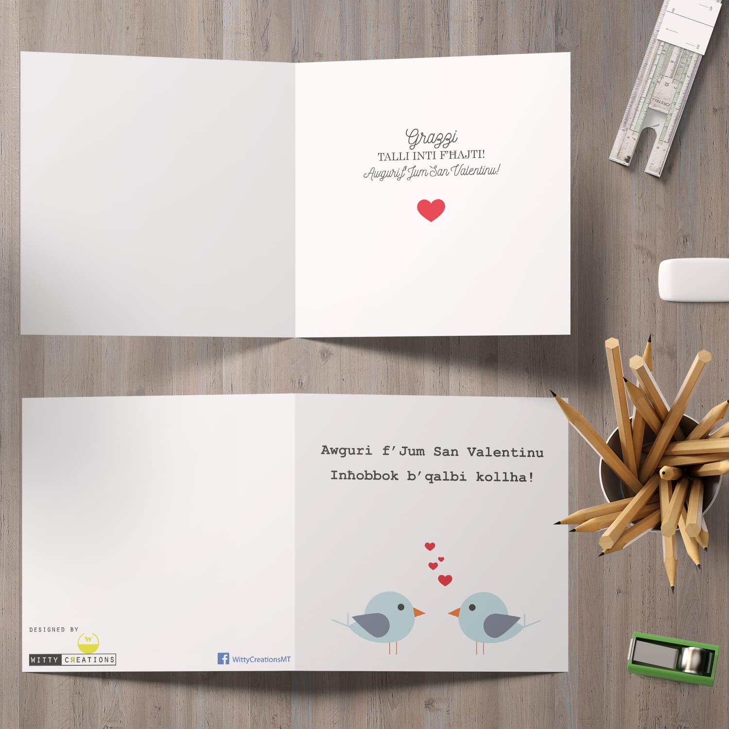Two birds with hearts Valentines Card in Maltese