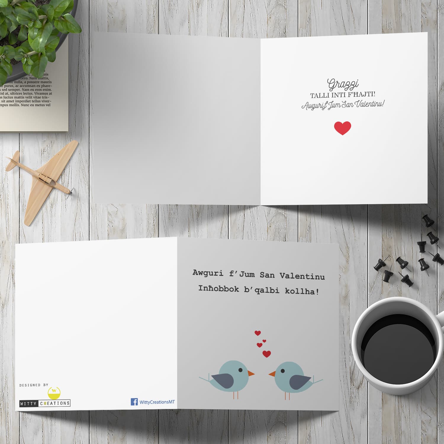 Two birds with hearts Valentines Card in Maltese