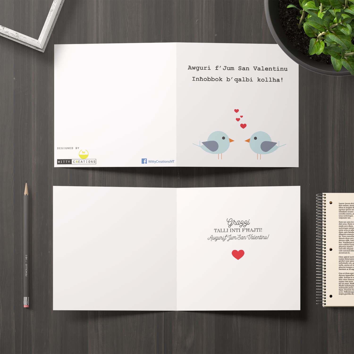 Two birds with hearts Valentines Card in Maltese