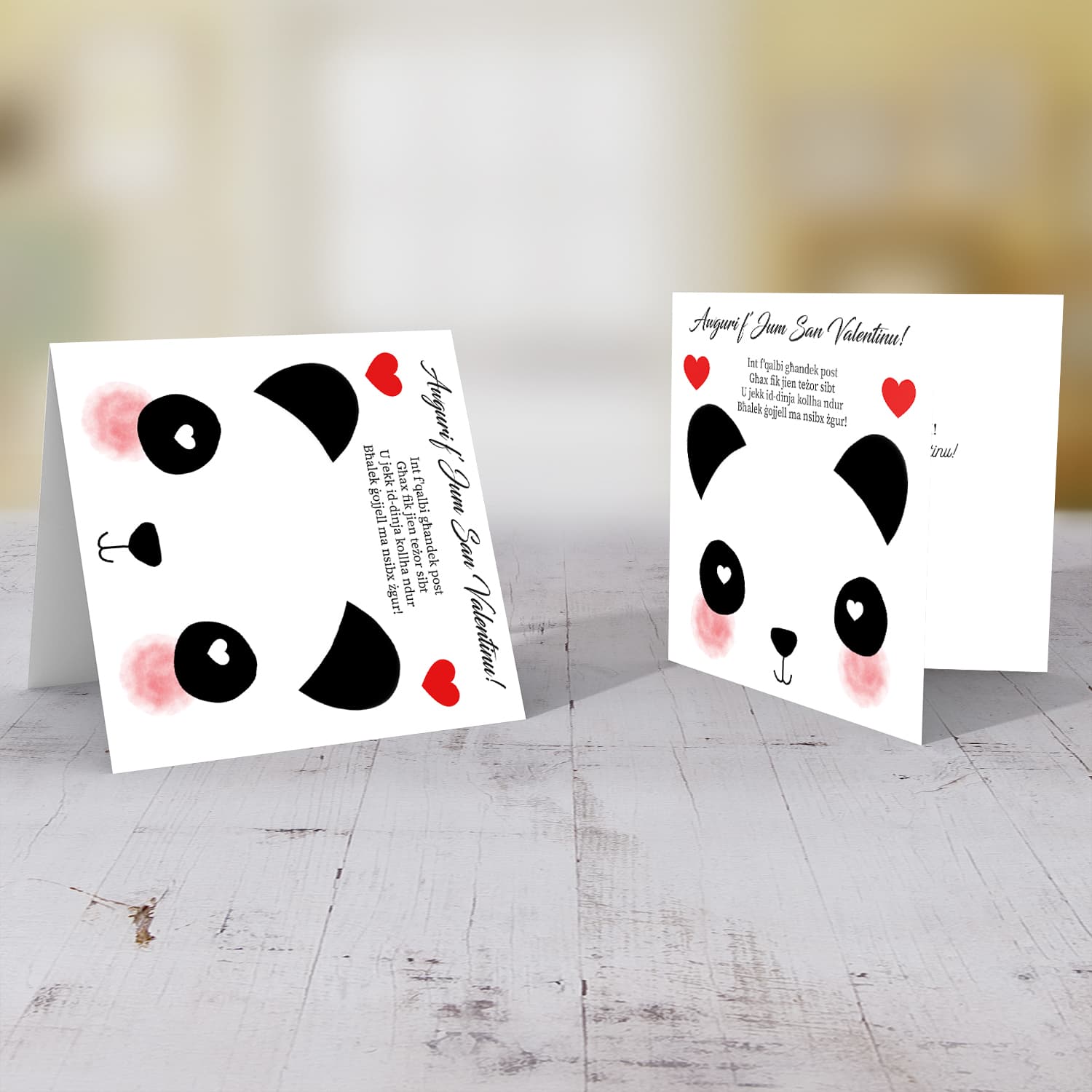 Panda themed Valentines card in Maltese