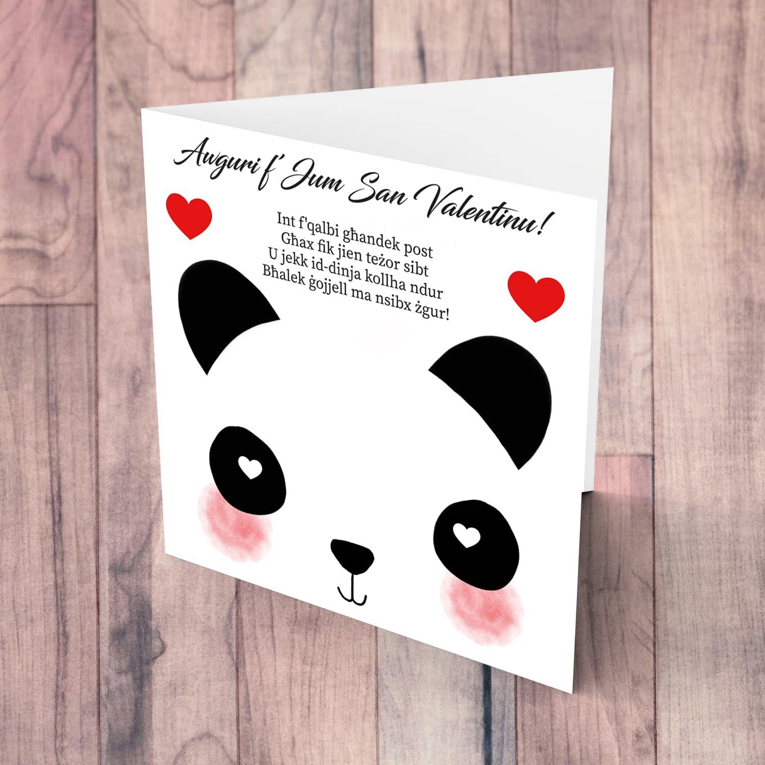 Panda themed Valentines card in Maltese