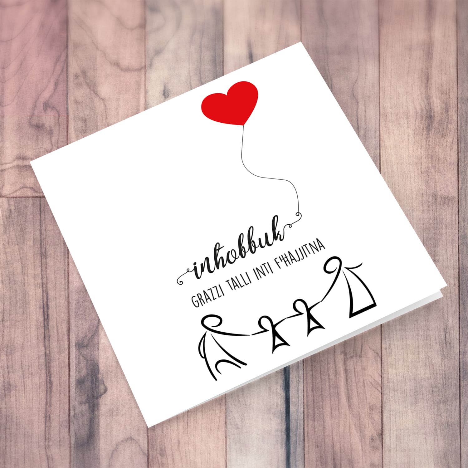 Family themed Valentine's Card with 2 children with red heart in Maltese