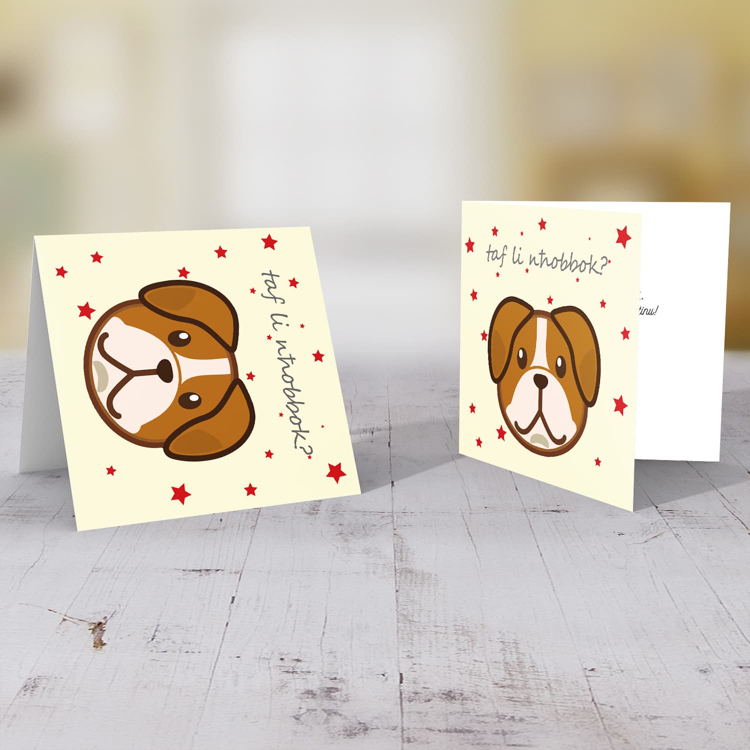 Dog themed Valentine's card with scattered red hearts in Maltese