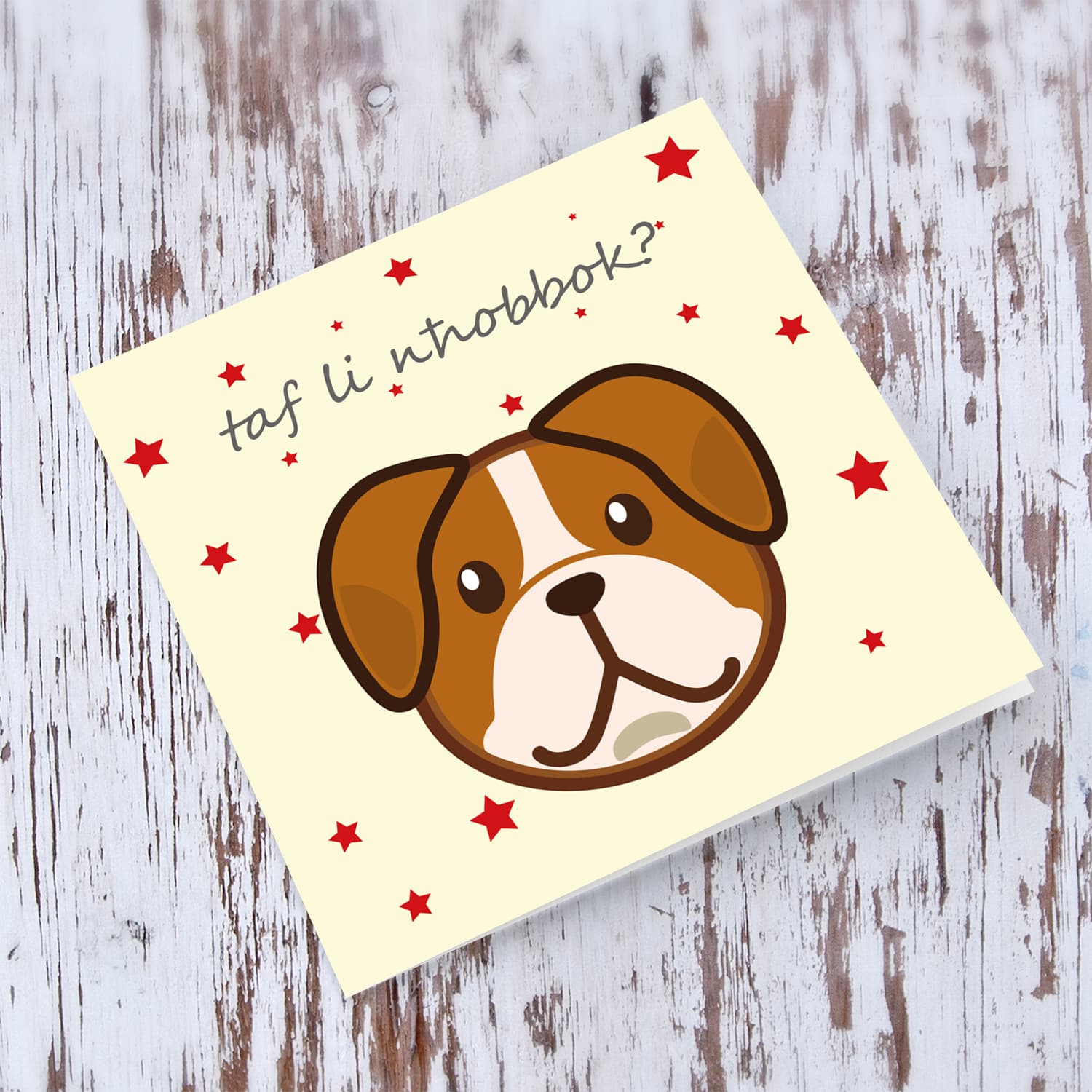 Dog themed Valentine's card with scattered red hearts in Maltese